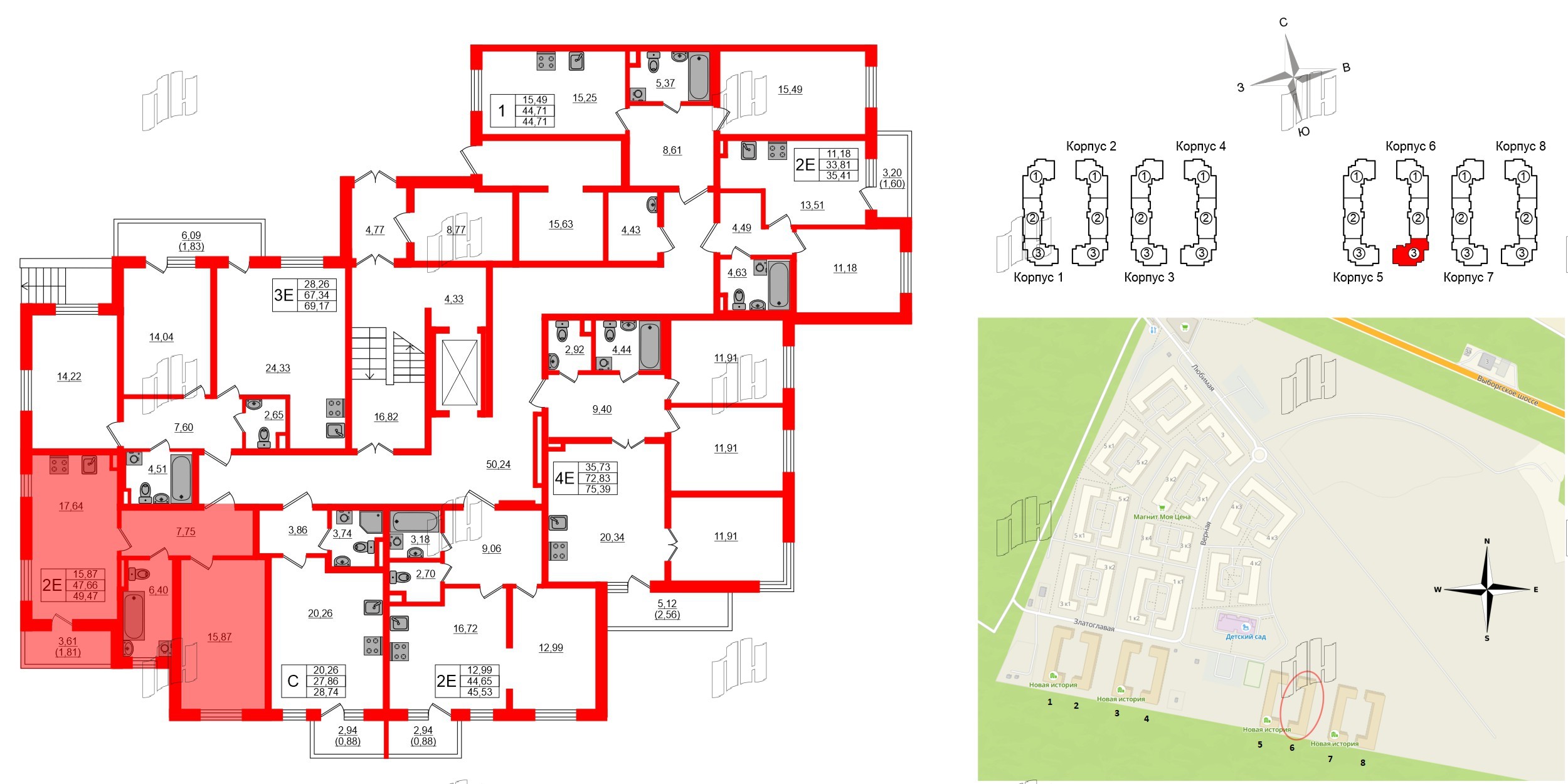 Квартира в ЖК «Новая история», 1 комнатная, 47.9 м², 1 этаж