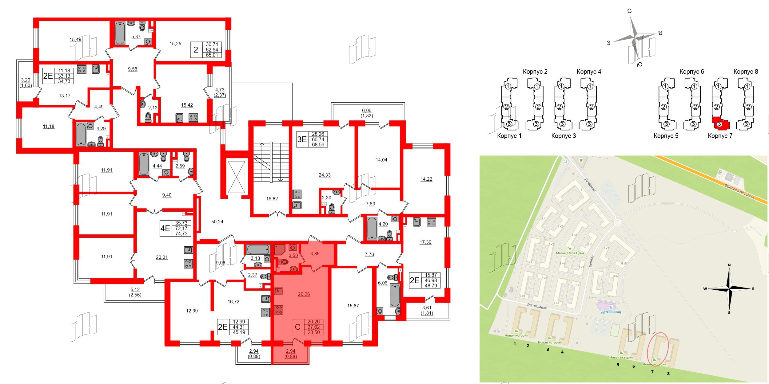 Квартира в ЖК «Новая история», студия, 28.5 м², 2 этаж