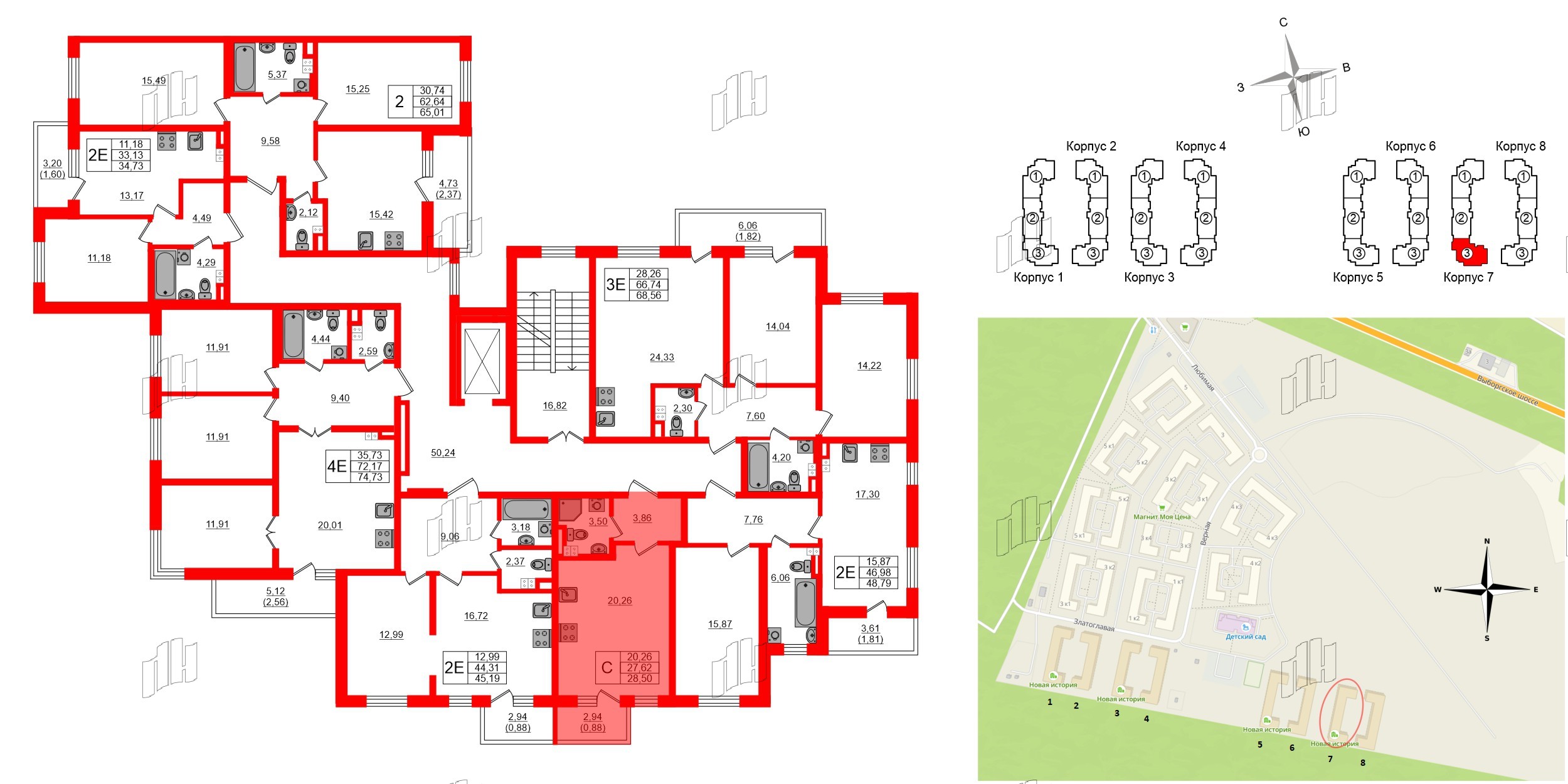 Квартира в ЖК «Новая история», студия, 28.5 м², 3 этаж