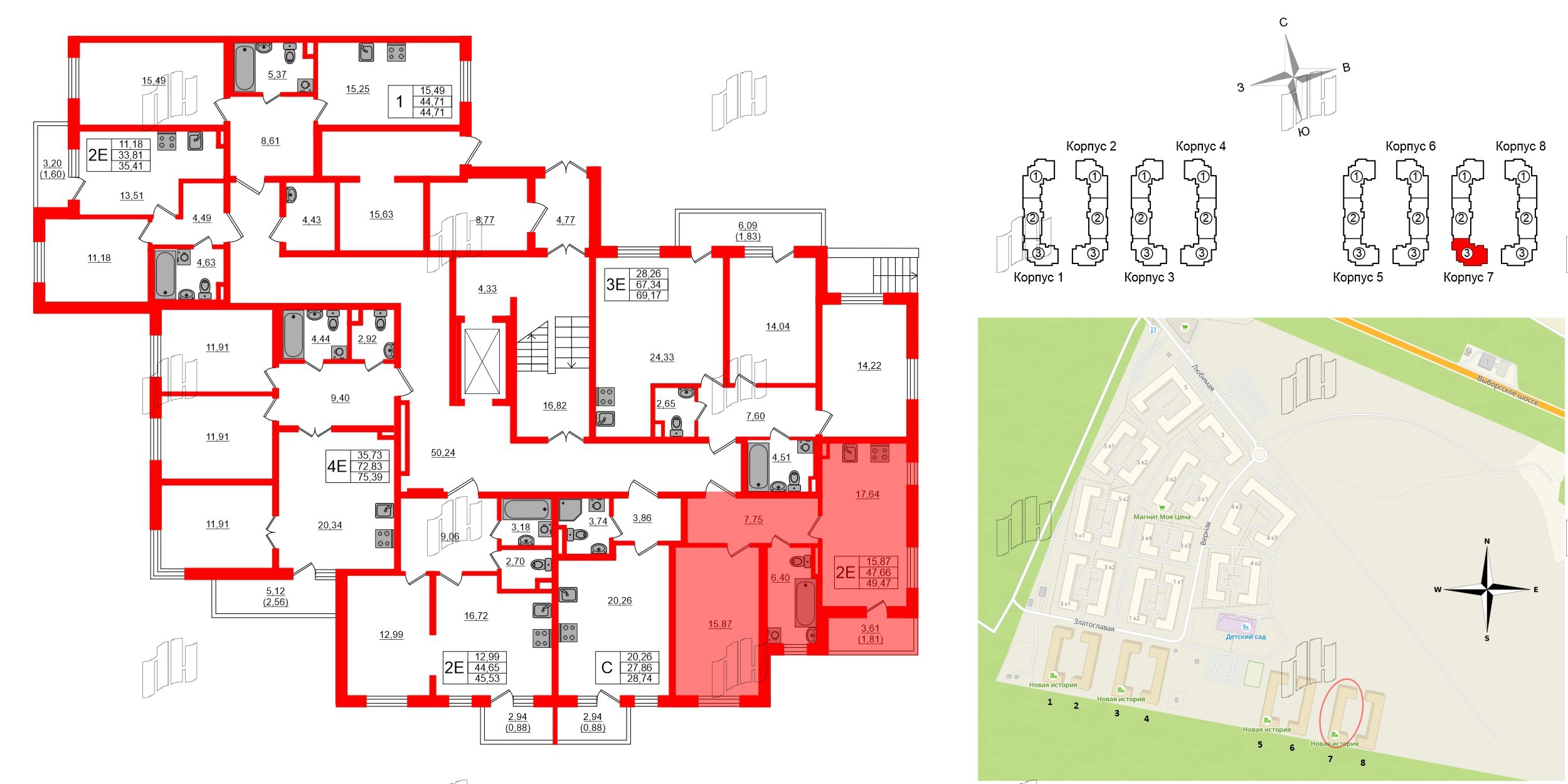Квартира в ЖК «Новая история», 1 комнатная, 47.9 м², 1 этаж