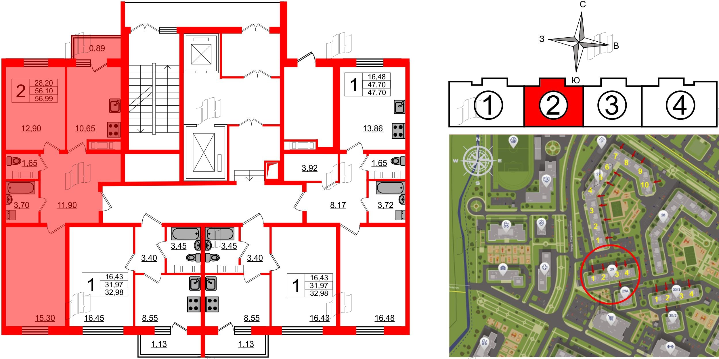 Квартира в ЖК «Новое Горелово», 2 комнатная, 57.4 м², 1 этаж