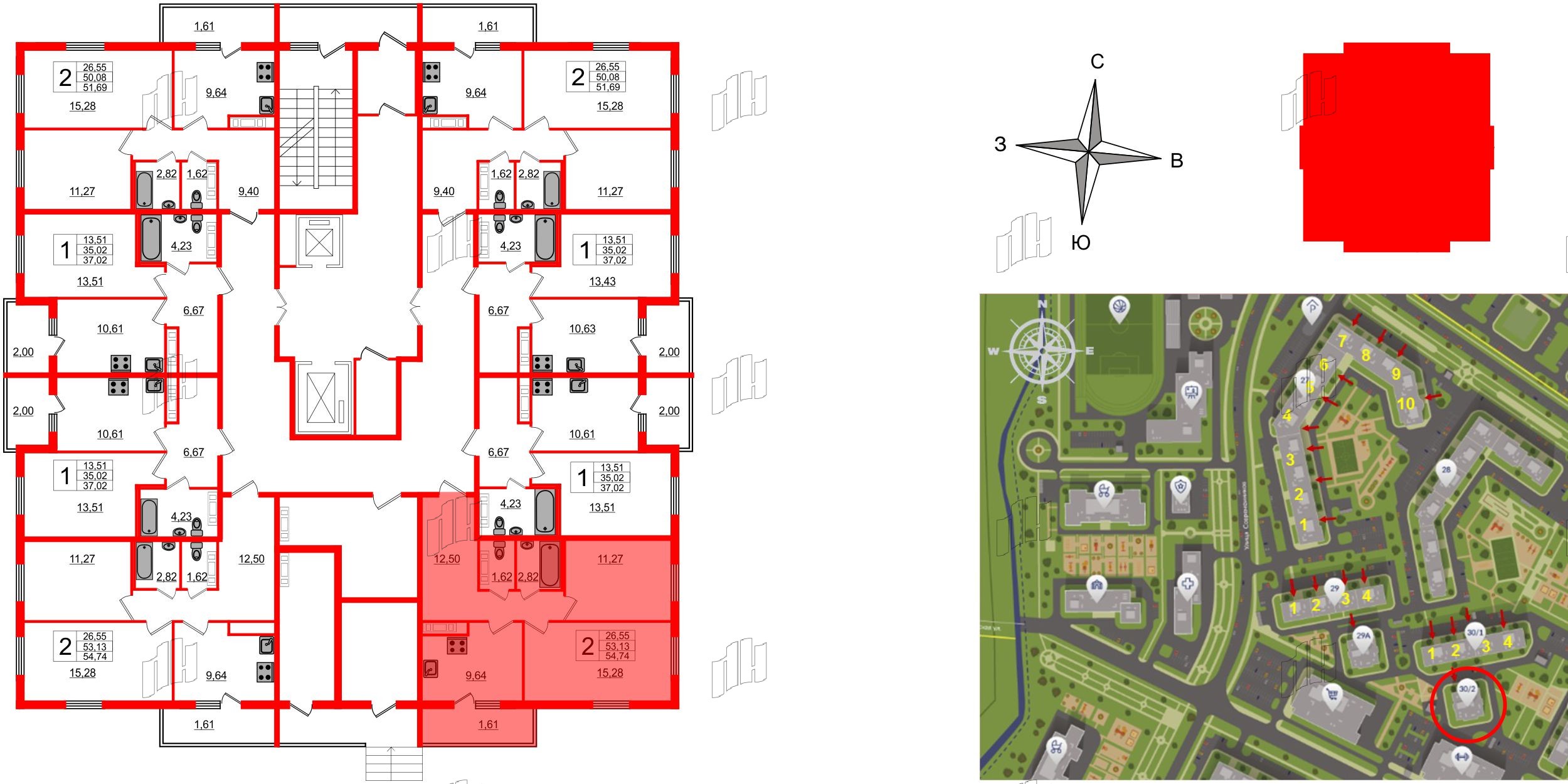 Квартира в ЖК «Новое Горелово», 2 комнатная, 54.1 м², 1 этаж