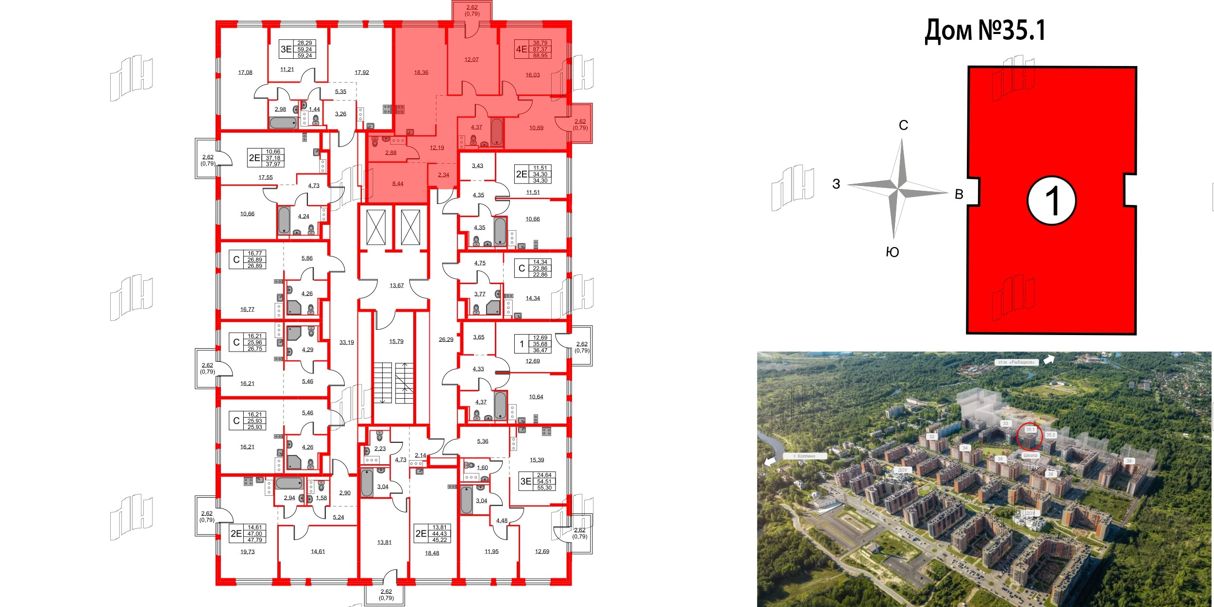 Квартира в ЖК Новое Колпино, 3 комнатная, 88.95 м², 6 этаж
