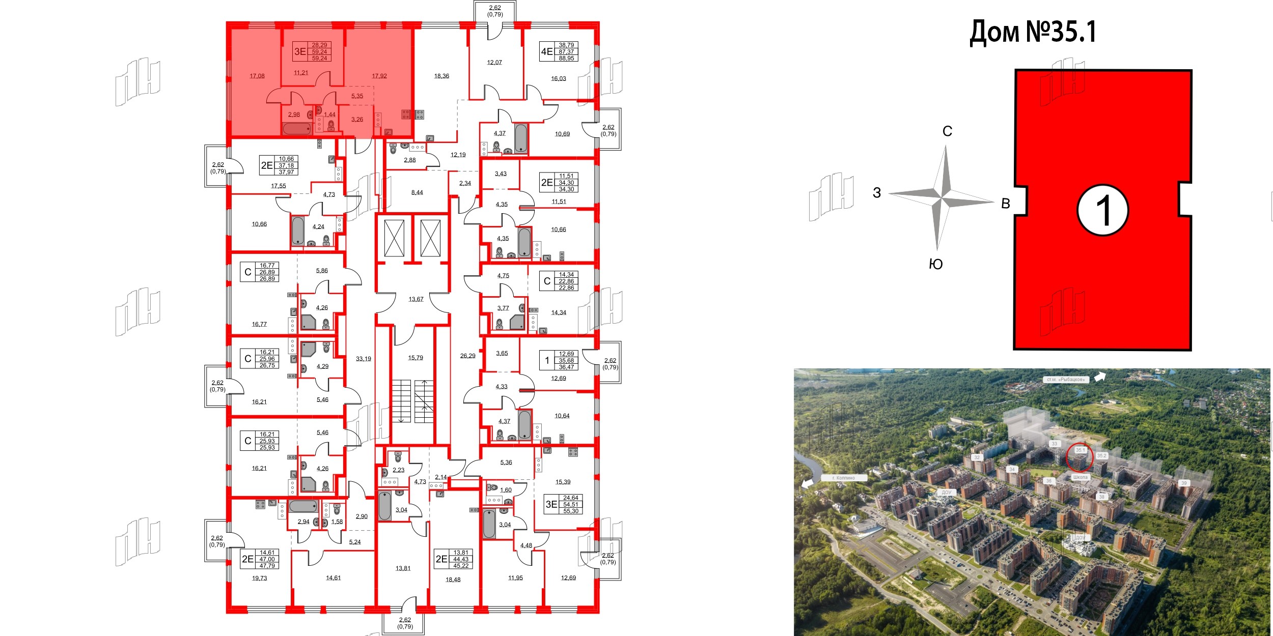 Квартира в ЖК Новое Колпино, 2 комнатная, 59.24 м², 6 этаж