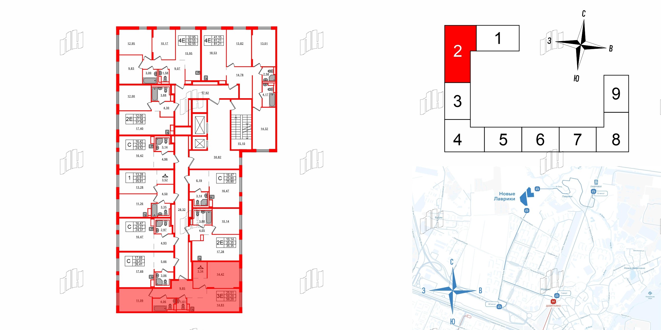 Квартира в ЖК Новые Лаврики, 2 комнатная, 59.2 м², 12 этаж