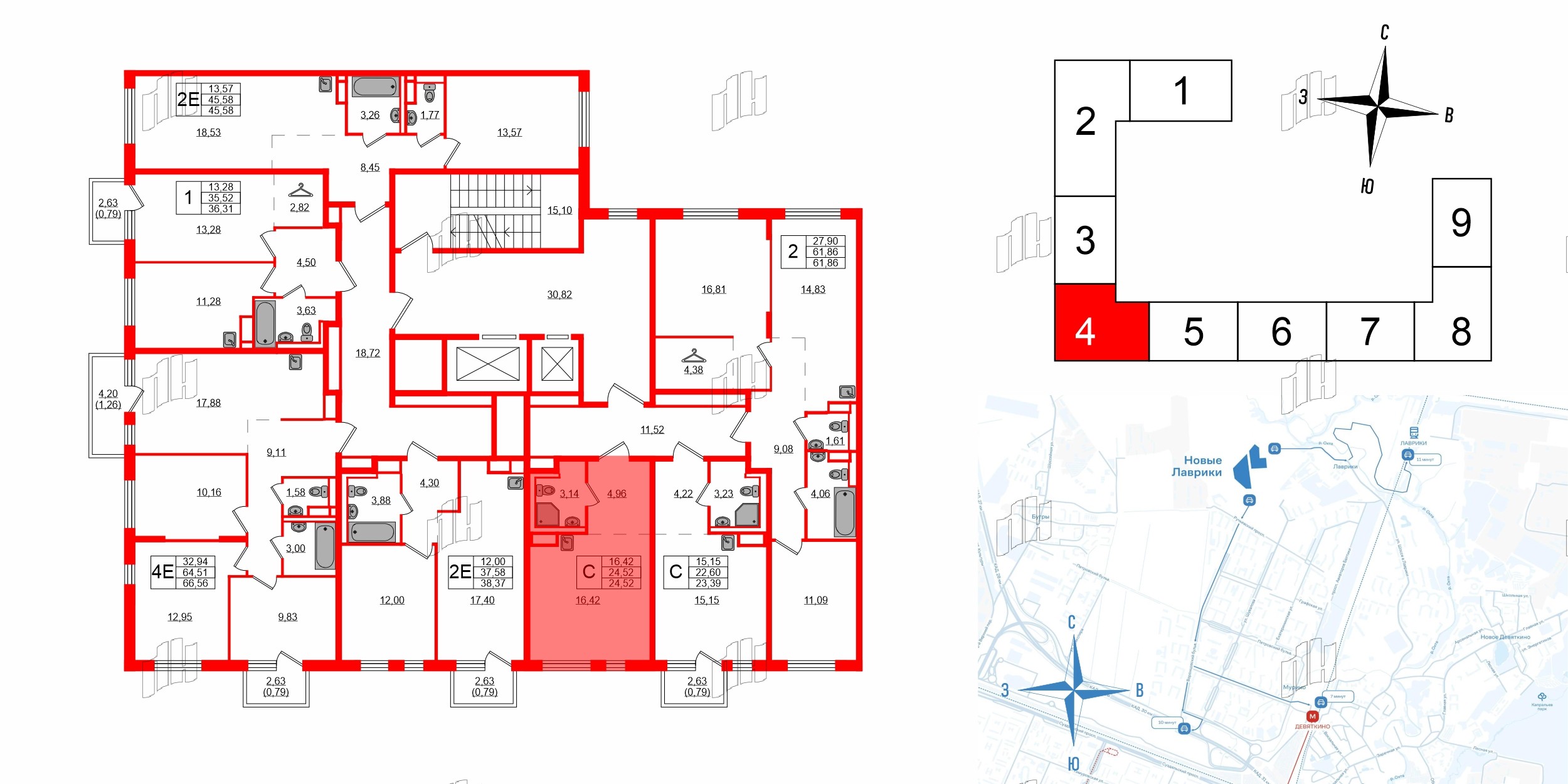 Квартира в ЖК Новые Лаврики, студия, 24.52 м², 12 этаж