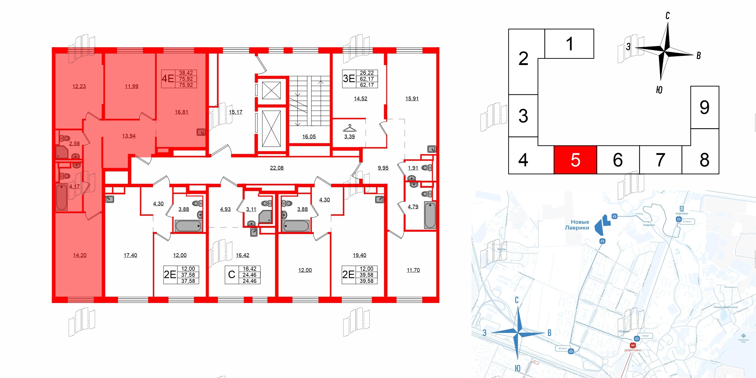 Квартира в ЖК Новые Лаврики, 3 комнатная, 75.92 м², 10 этаж