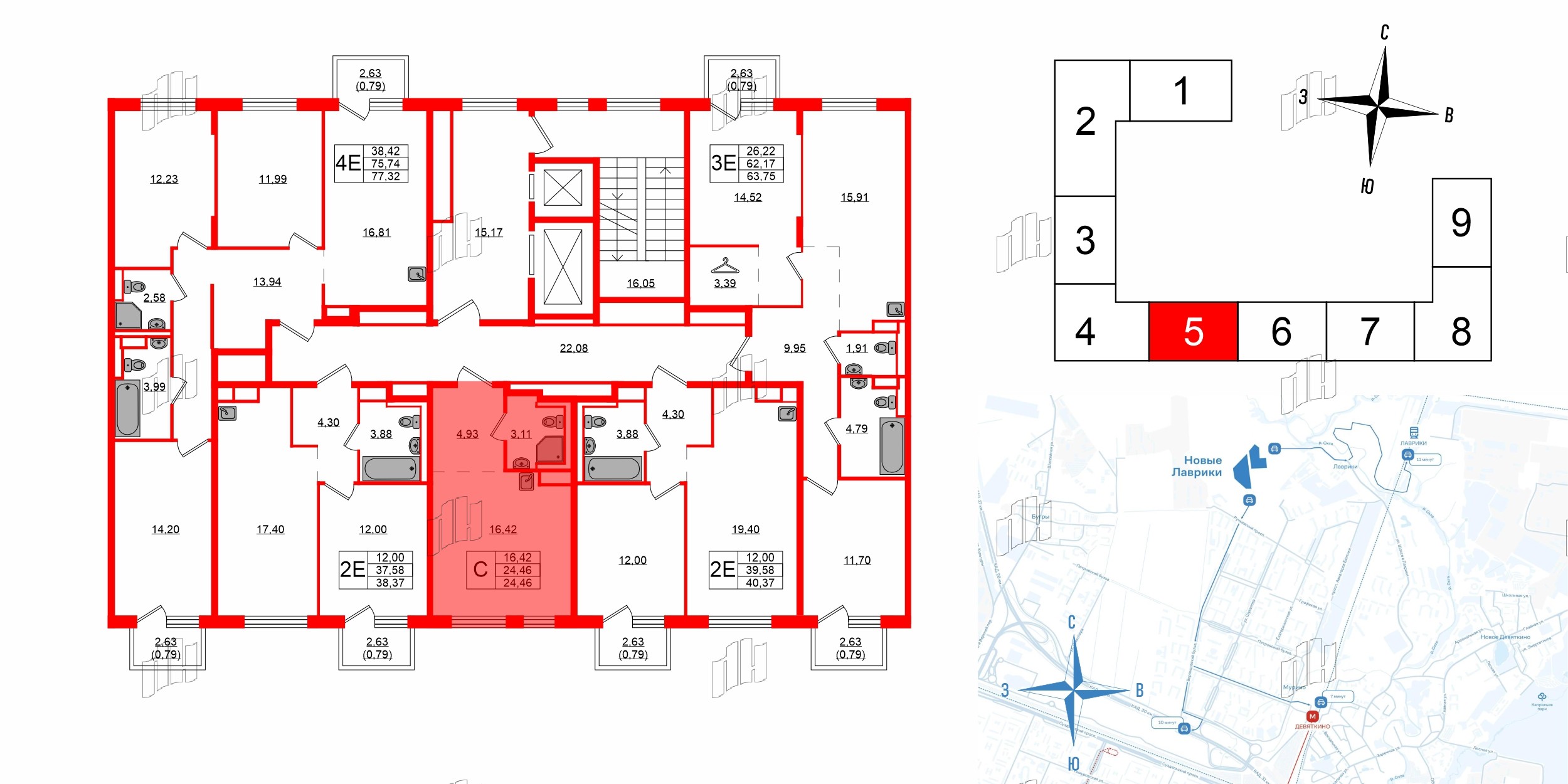 Квартира в ЖК Новые Лаврики, студия, 24.46 м², 3 этаж