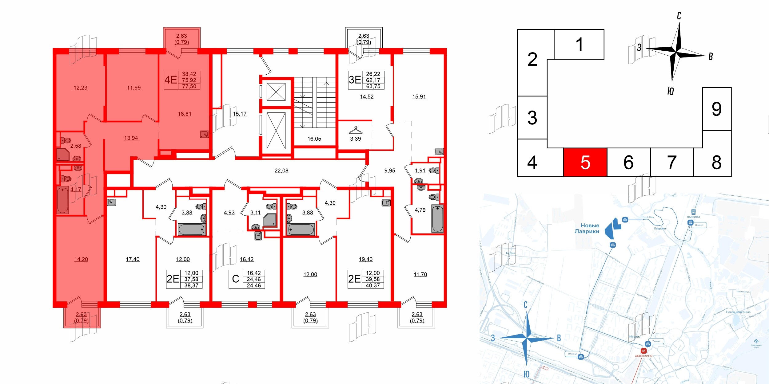 Квартира в ЖК Новые Лаврики, 3 комнатная, 77.5 м², 4 этаж