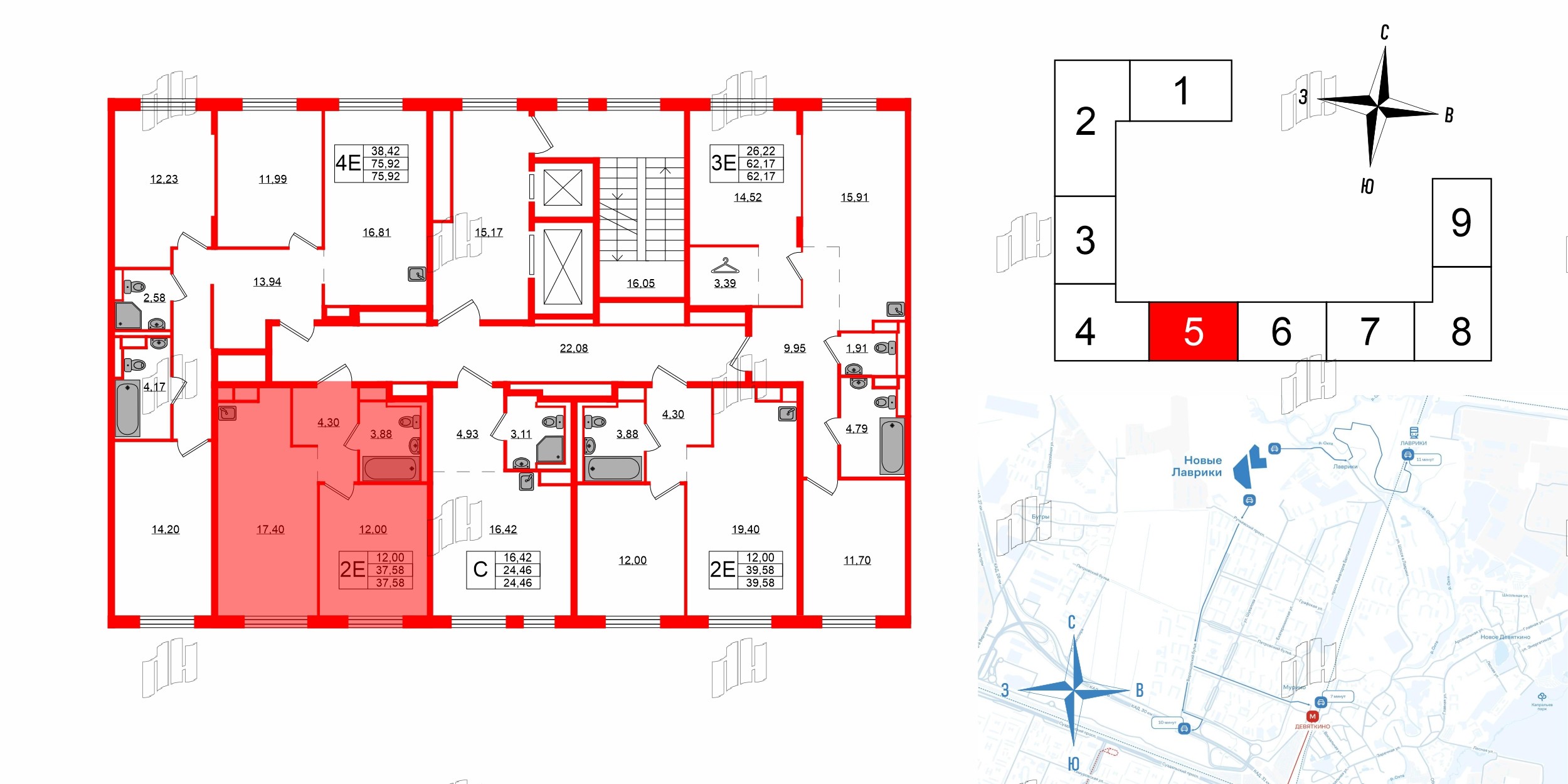 Квартира в ЖК Новые Лаврики, 1 комнатная, 37.58 м², 12 этаж