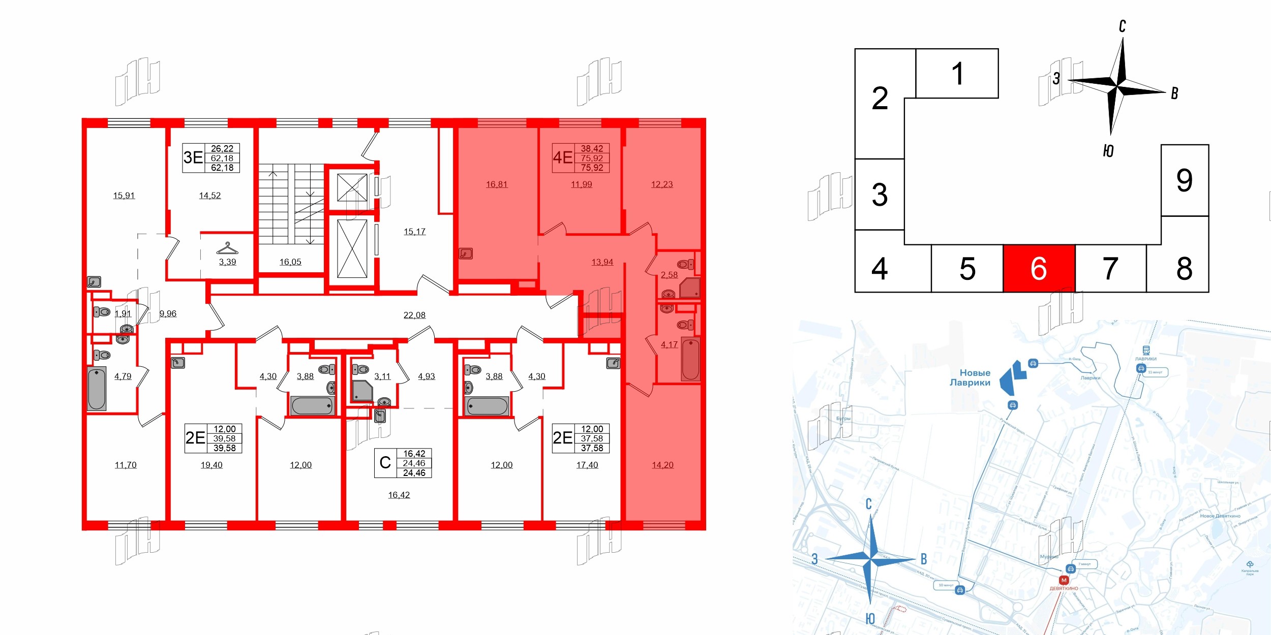 Квартира в ЖК Новые Лаврики, 3 комнатная, 75.92 м², 12 этаж