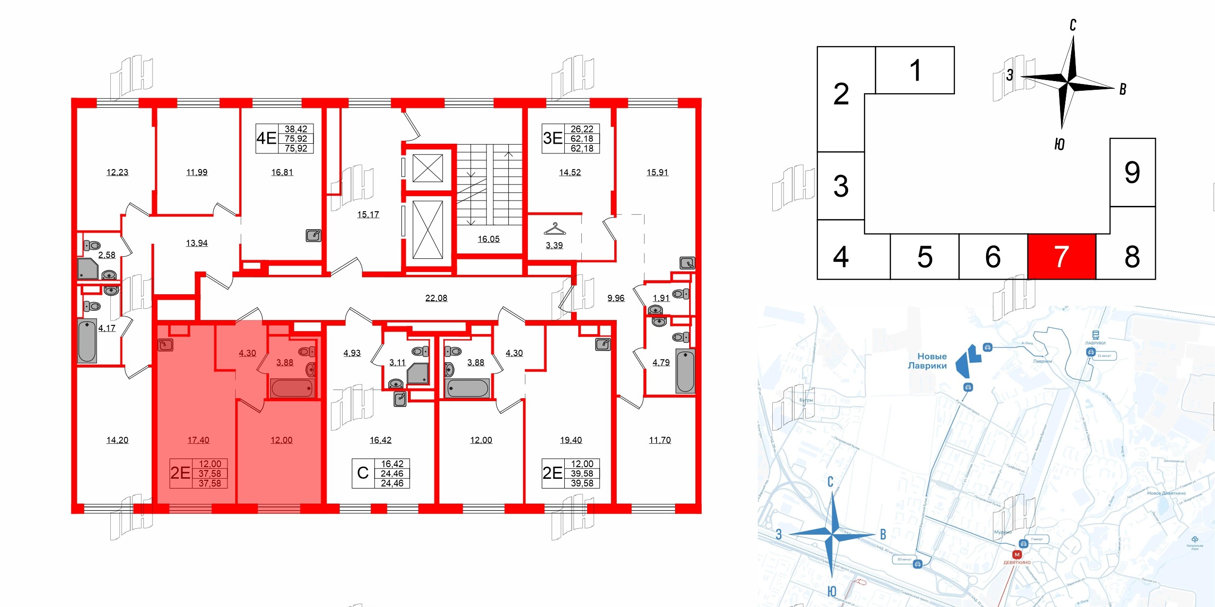 Квартира в ЖК Новые Лаврики, 1 комнатная, 37.58 м², 12 этаж