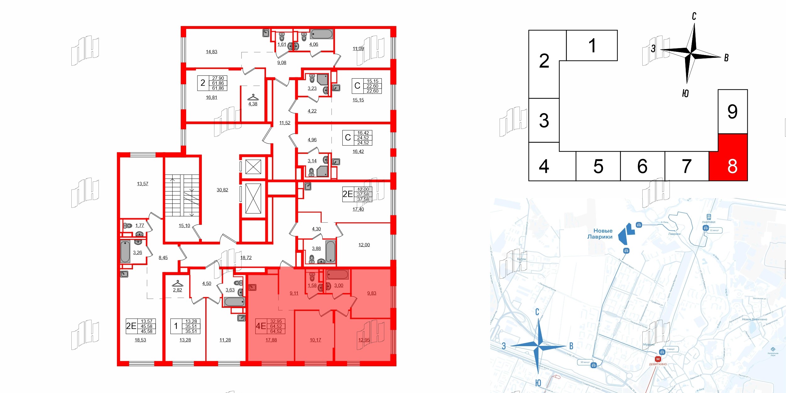 Квартира в ЖК Новые Лаврики, 3 комнатная, 64.52 м², 8 этаж