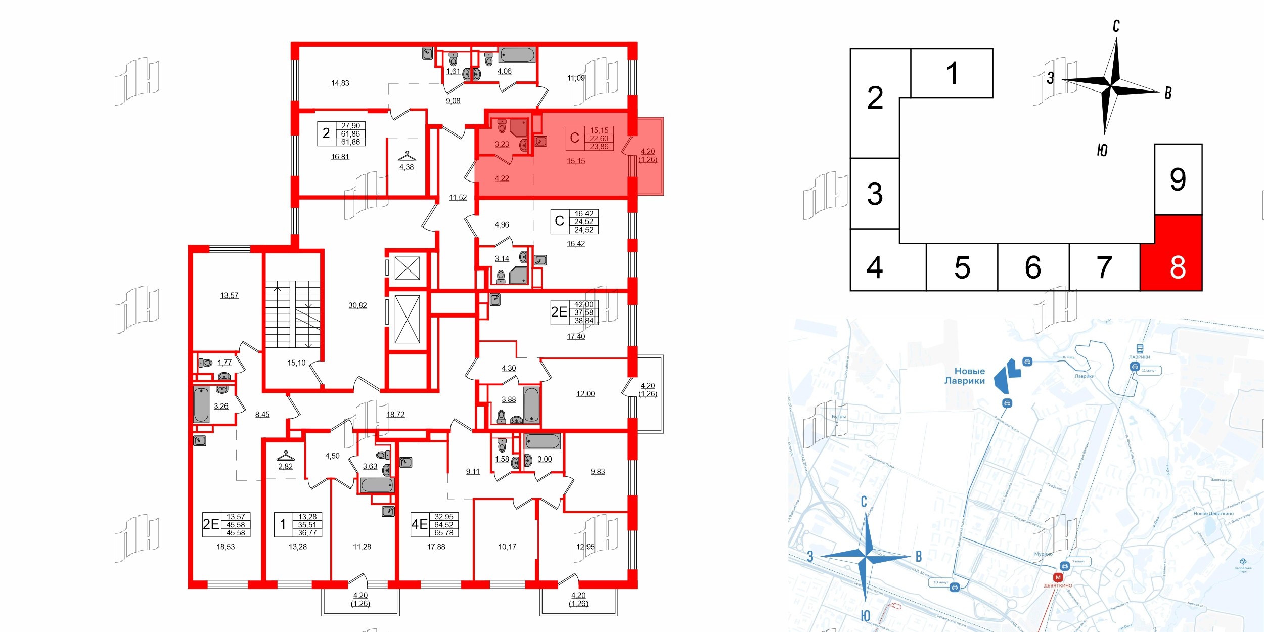 Квартира в ЖК Новые Лаврики, студия, 23.86 м², 9 этаж