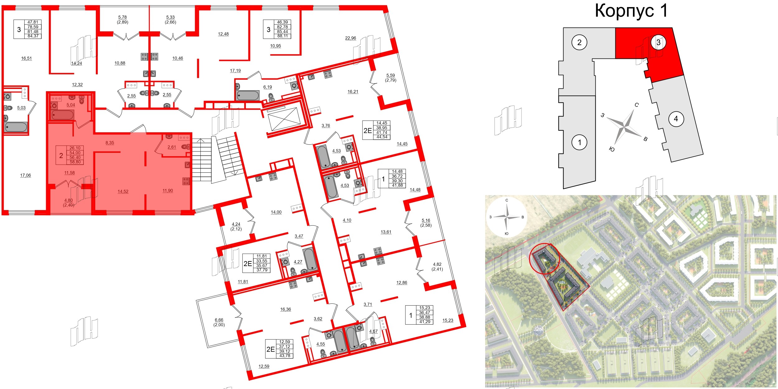 Квартира в ЖК Образцовый квартал, 2 комнатная, 54 м², 3 этаж