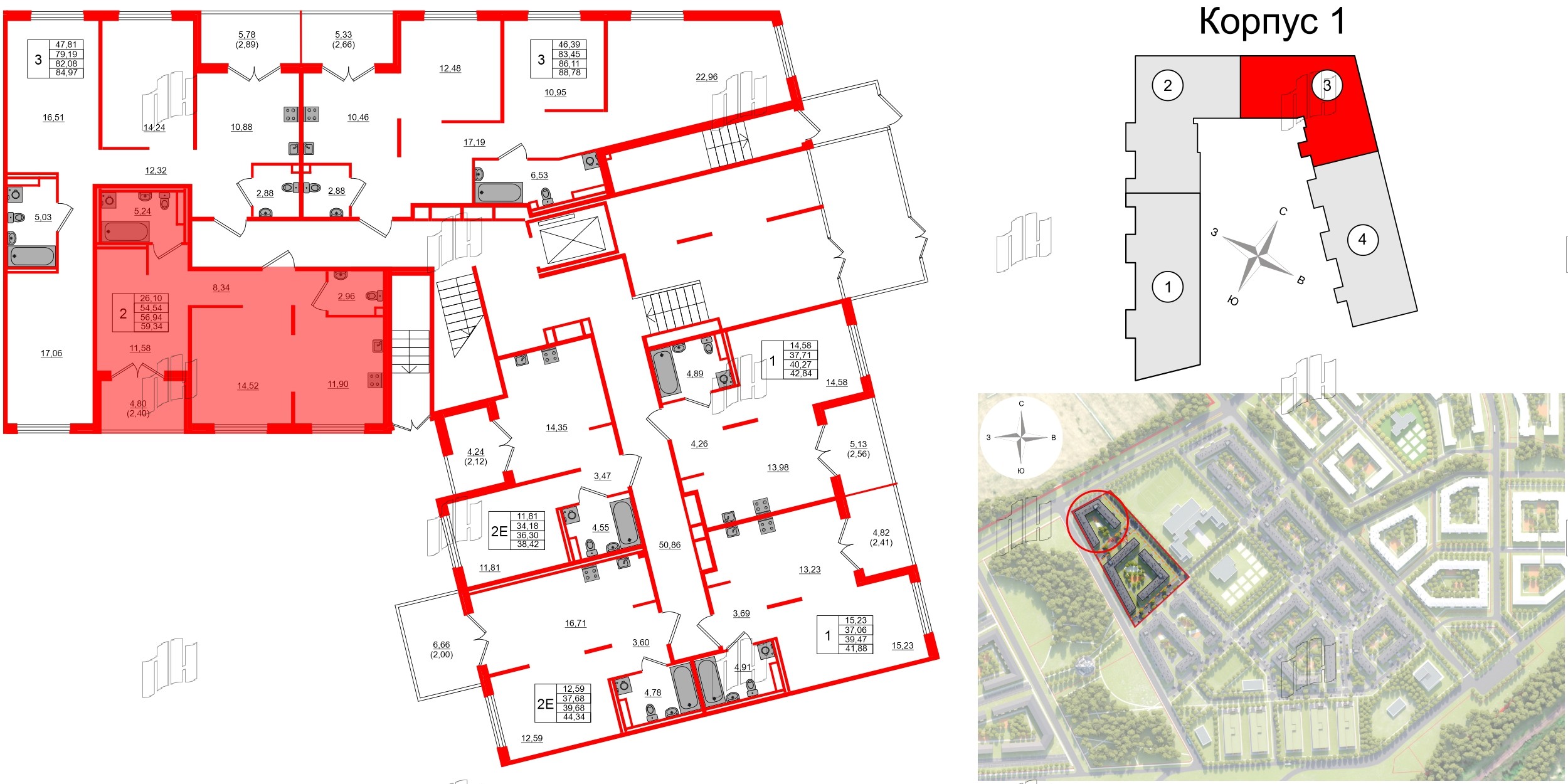 Квартира в ЖК Образцовый квартал, 2 комнатная, 54.54 м², 1 этаж