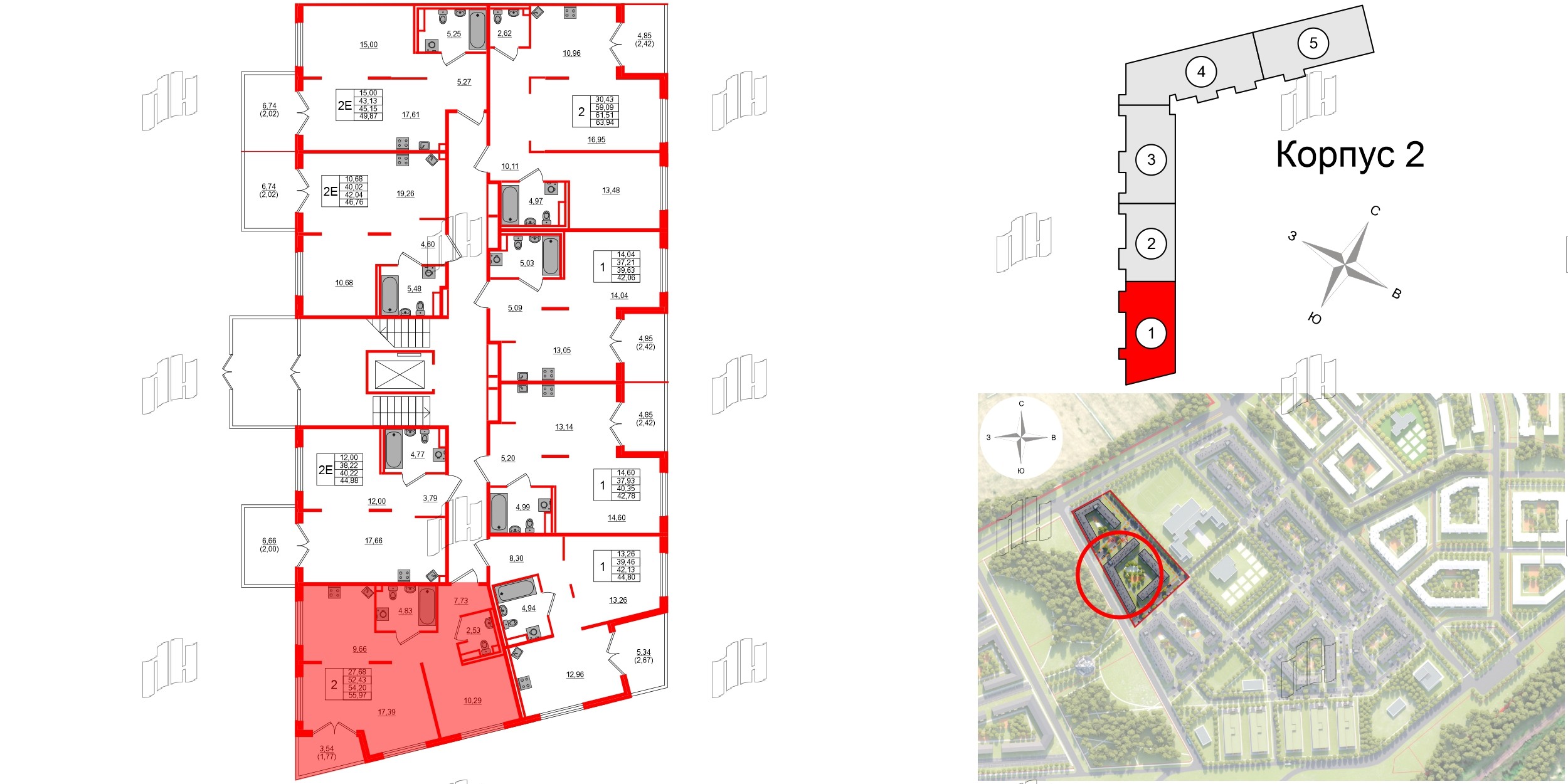 Квартира в ЖК Образцовый квартал, 2 комнатная, 52.43 м², 1 этаж