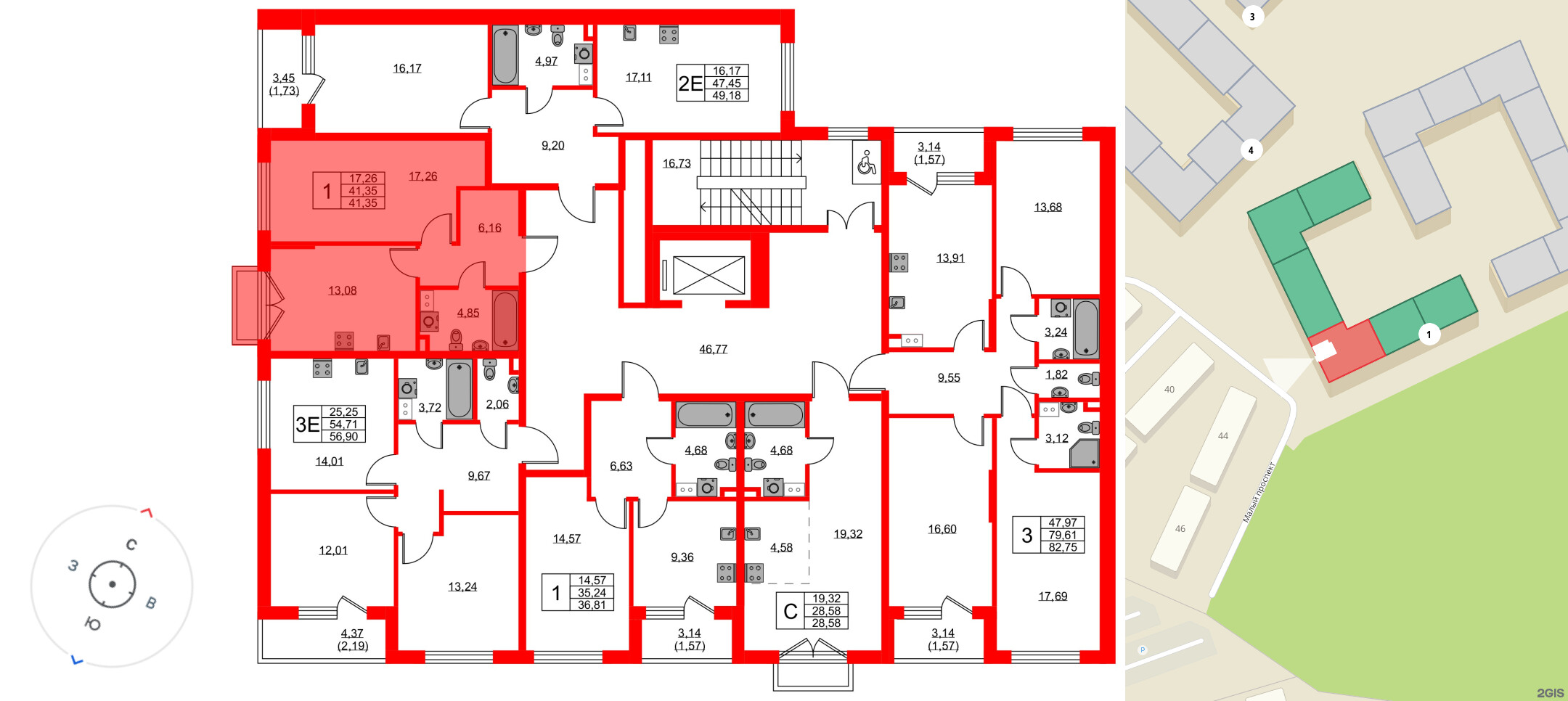 Квартира в ЖК «Охтинские высоты», 1 комнатная, 41.35 м², 3 этаж