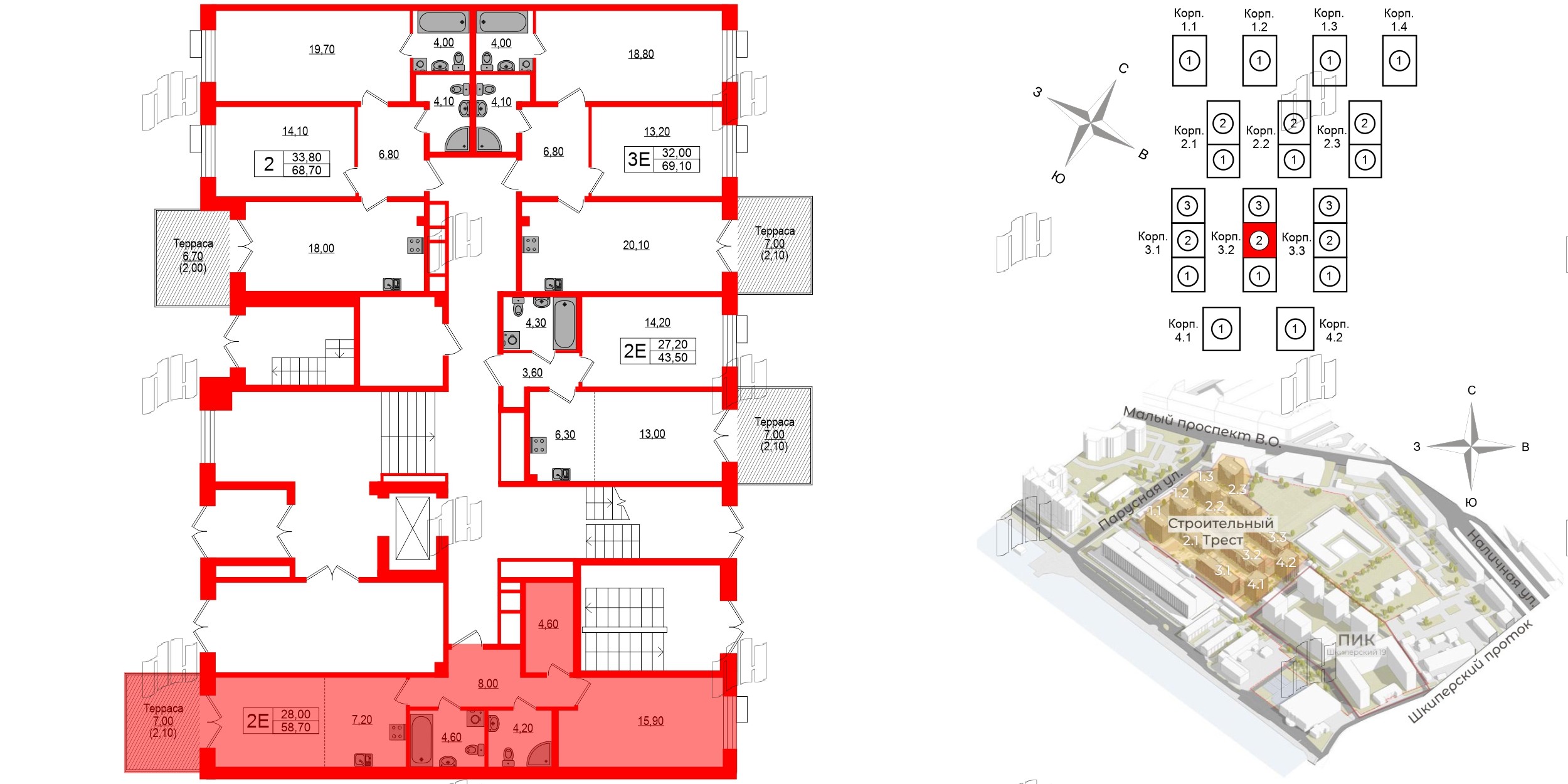 Квартира в ЖК Парусная 1, 1 комнатная, 58.7 м², 1 этаж