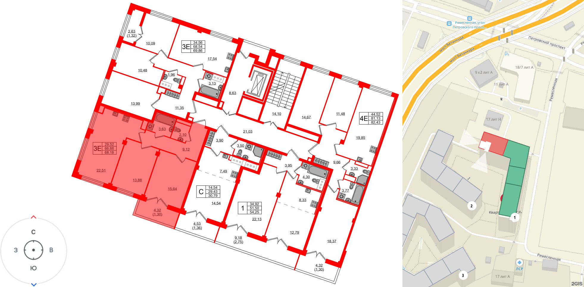Квартира в ЖК Neva Residence, 2 комнатная, 68.8 м², 8 этаж