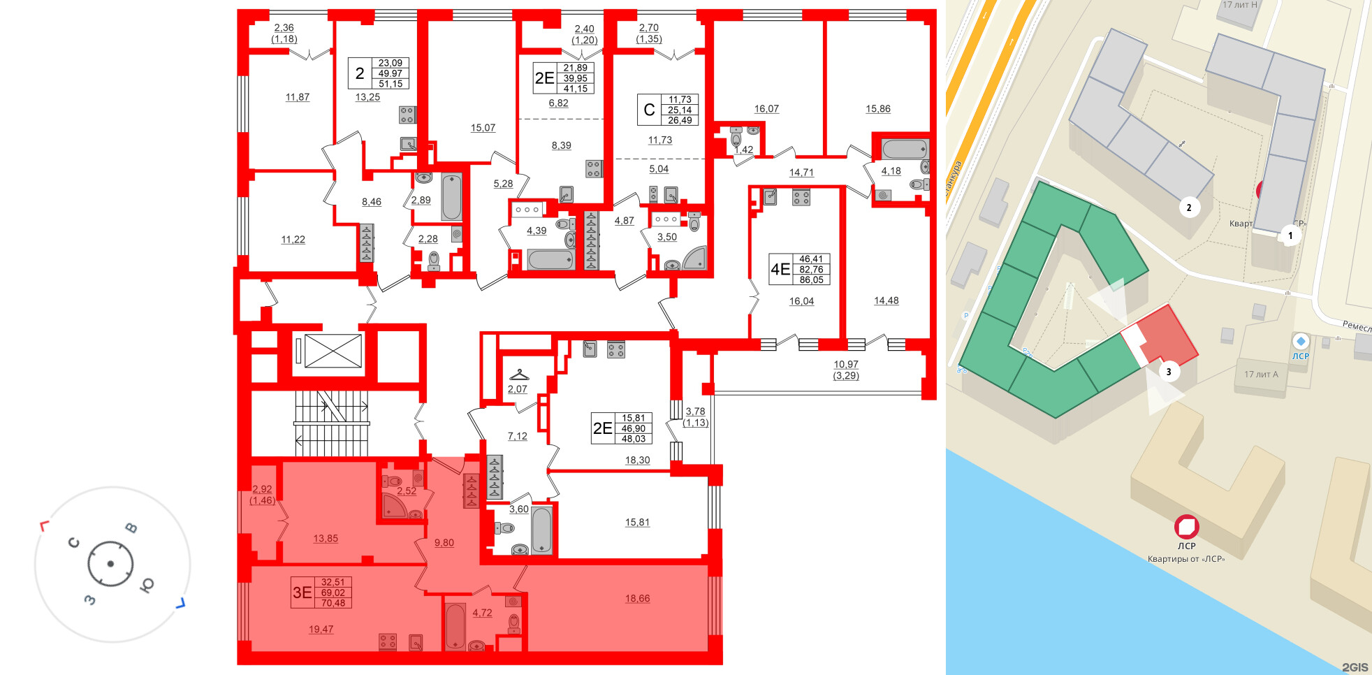 Квартира в ЖК Neva Residence, 2 комнатная, 70.5 м², 8 этаж