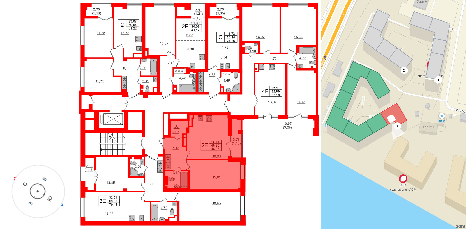 Квартира в ЖК Neva Residence, 1 комнатная, 48.6 м², 6 этаж