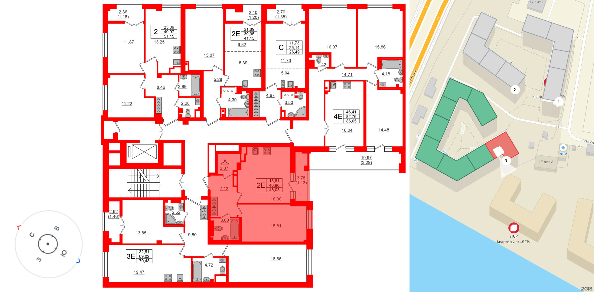 Квартира в ЖК Neva Residence, 1 комнатная, 48.4 м², 8 этаж