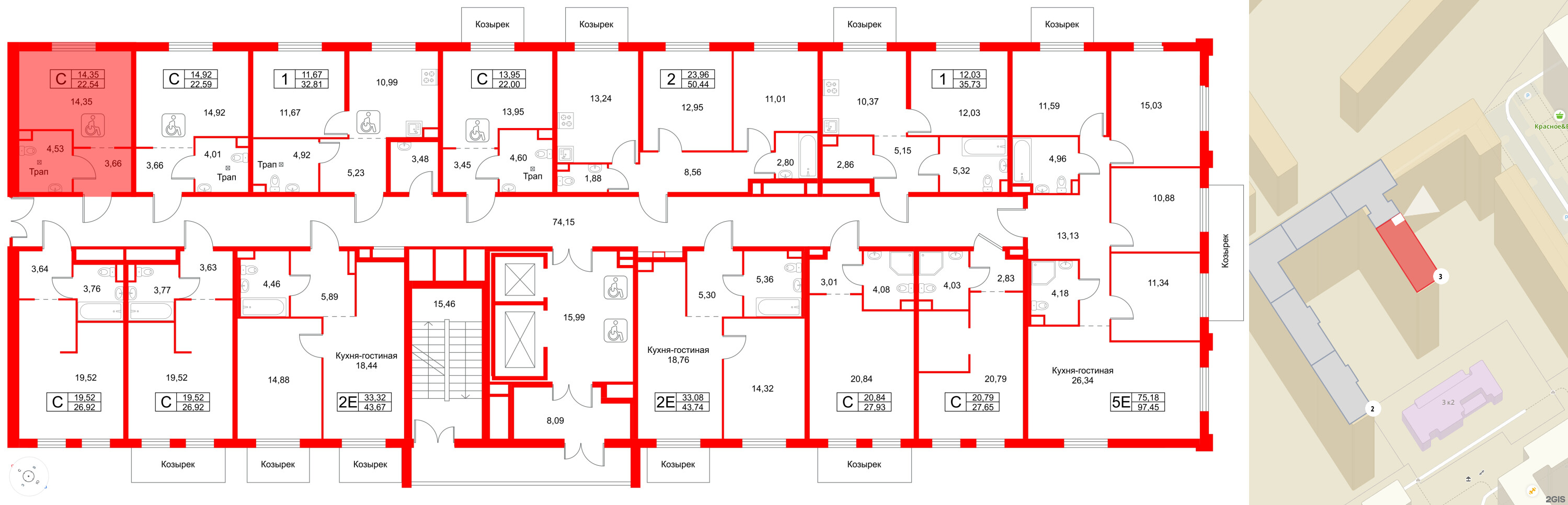 Апартаменты в ЖК ZOOM на Неве, студия, 22.54 м², 2 этаж