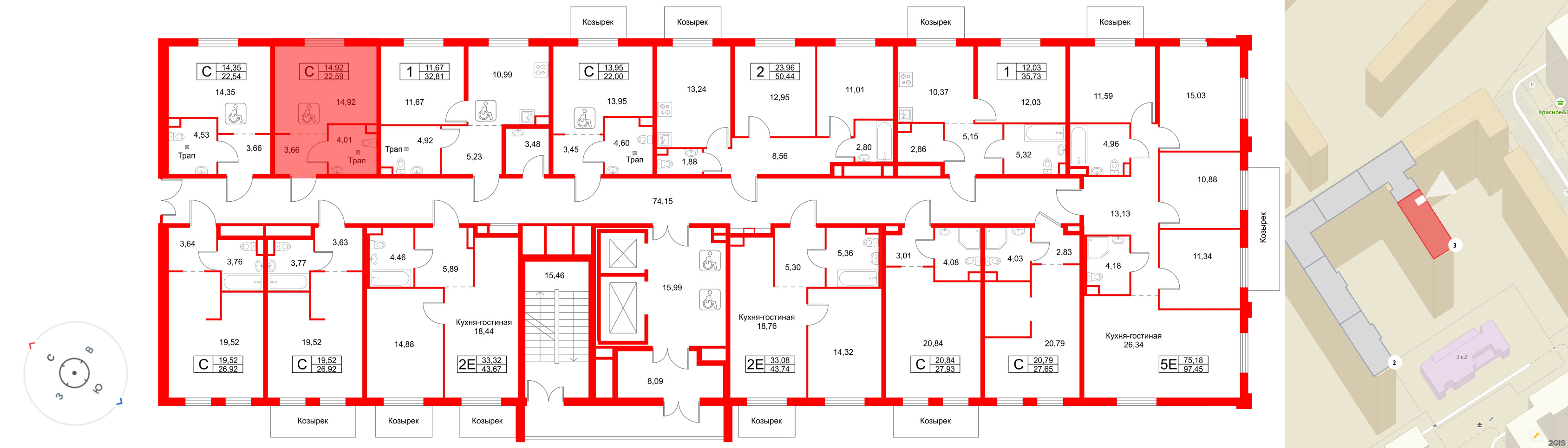 Апартаменты в ЖК «Зум на Неве», студия, 22.59 м², 2 этаж