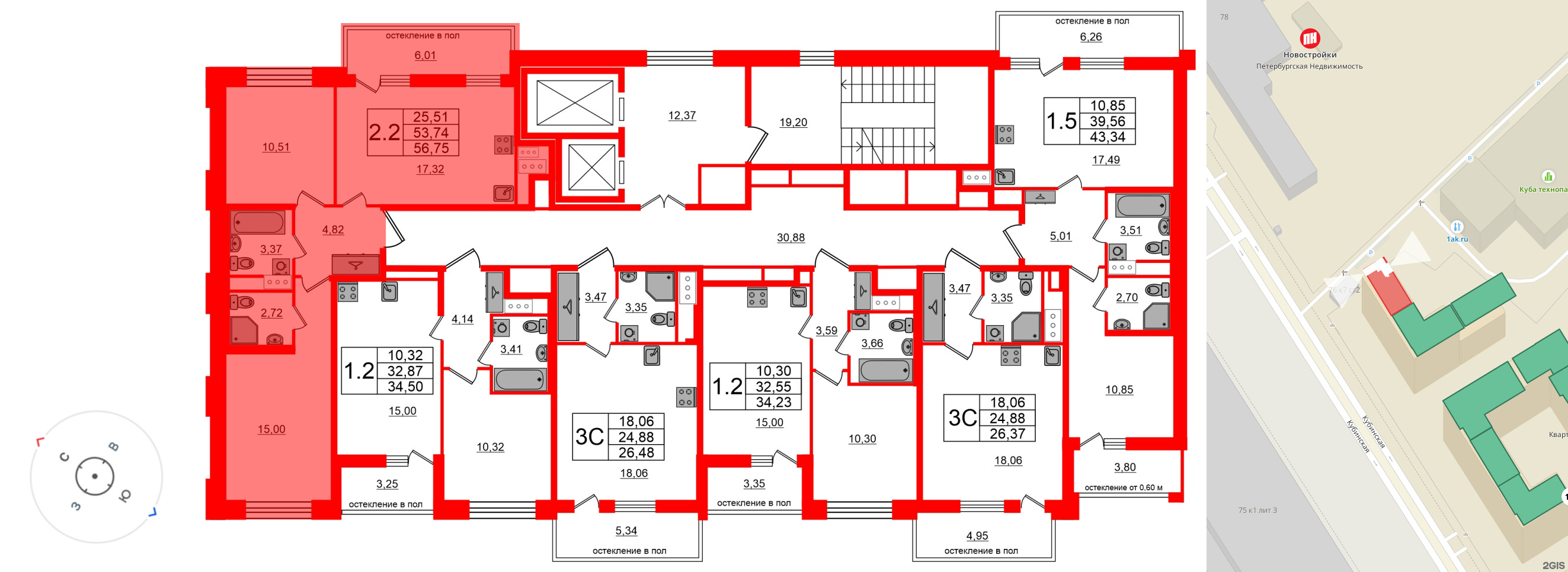 Квартира в ЖК Титул в Московском, 2 комнатная, 53.74 м², 4 этаж