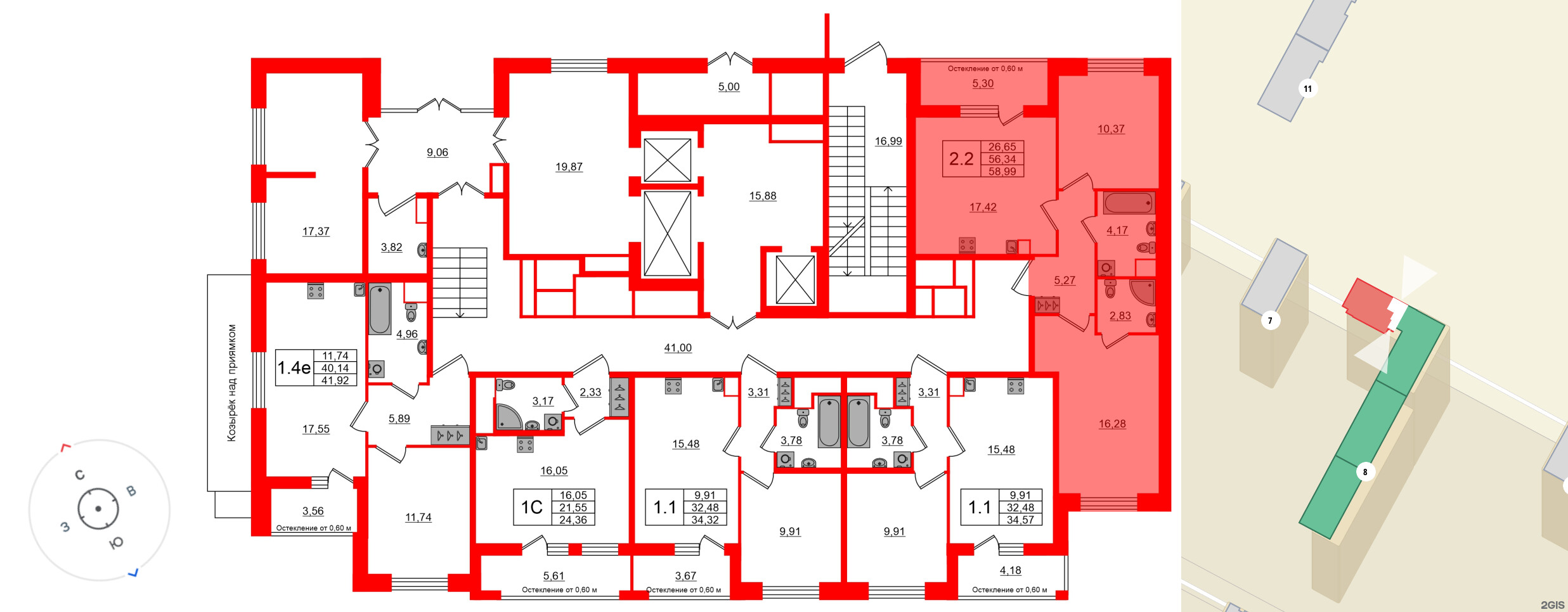 Квартира в ЖК «Город звёзд», 2 комнатная, 56.34 м², 1 этаж