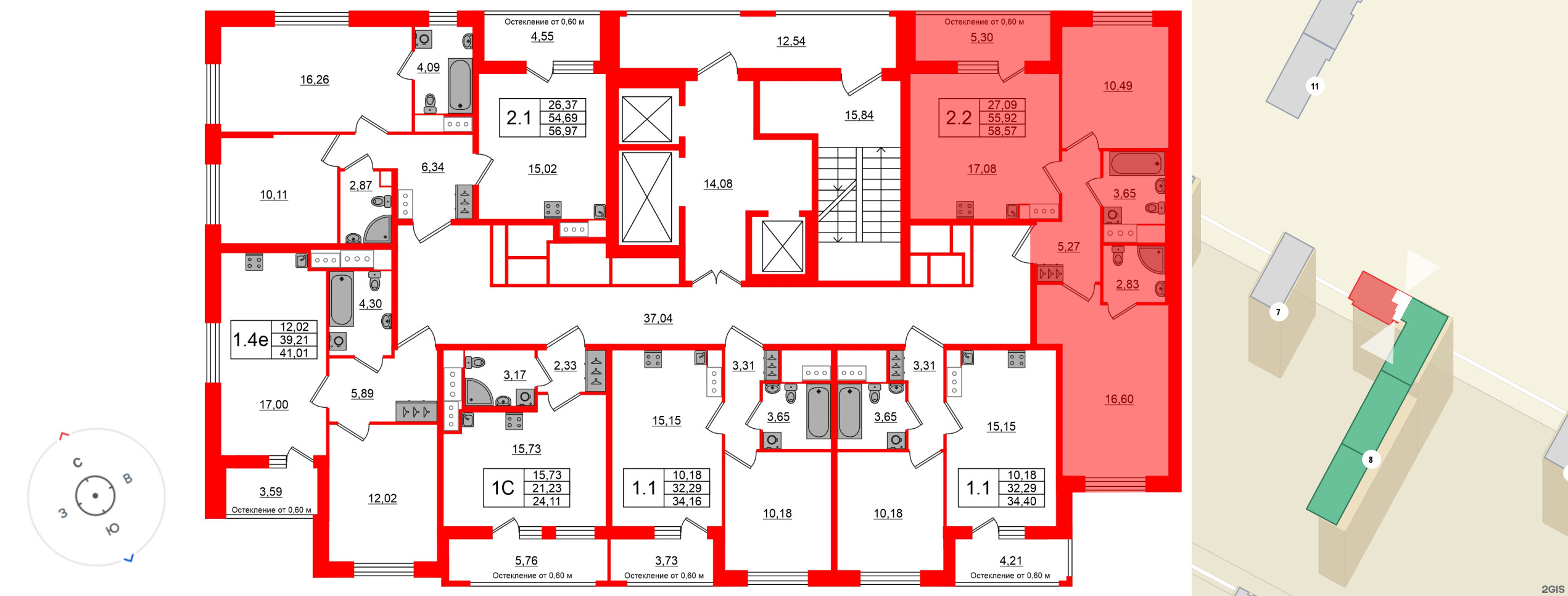 Квартира в ЖК «Город звёзд», 2 комнатная, 55.92 м², 21 этаж