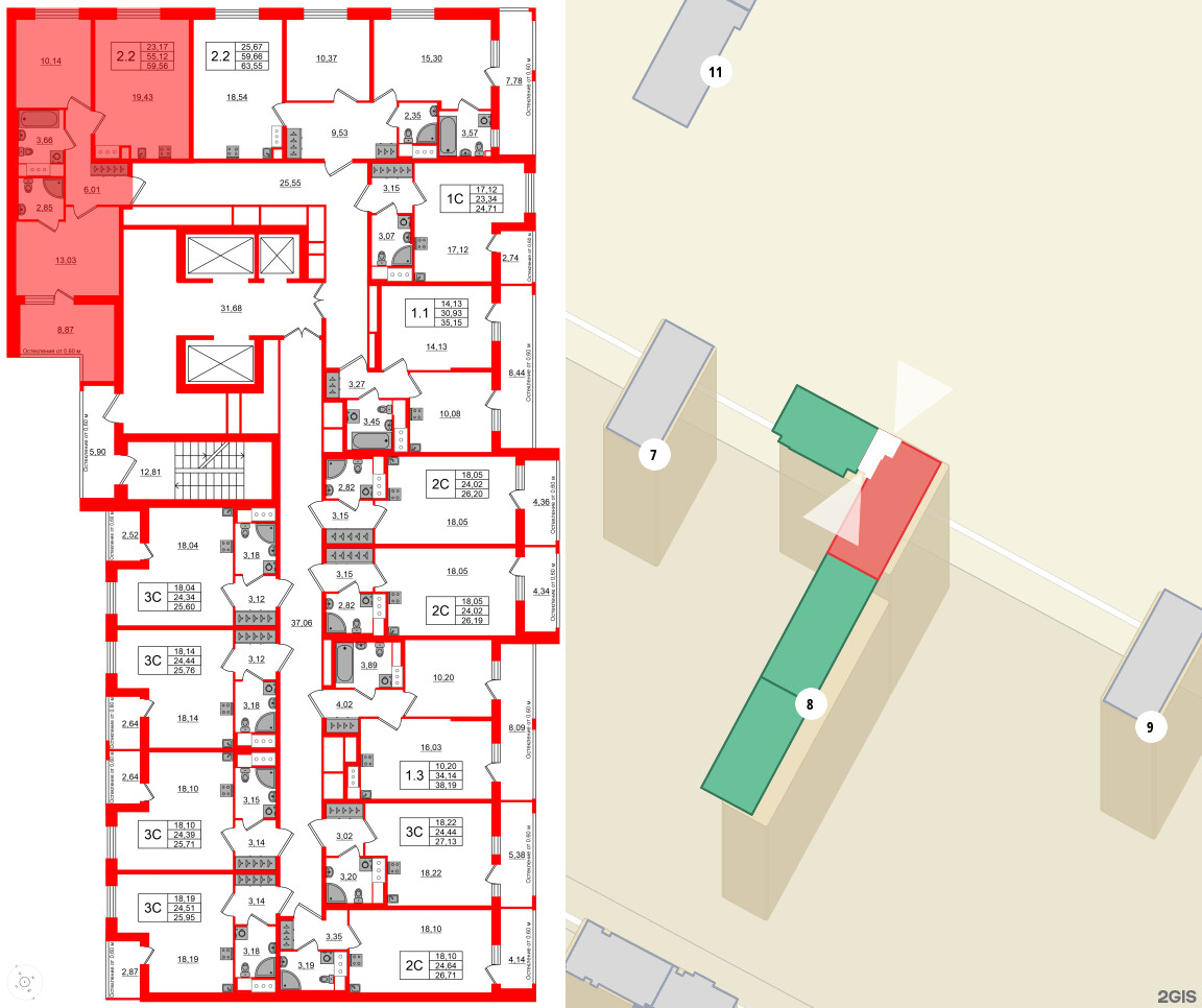 Квартира в ЖК «Город звёзд», 2 комнатная, 55.12 м², 7 этаж
