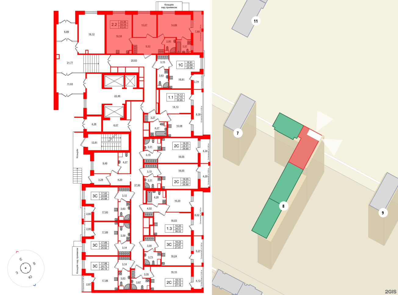 Квартира в ЖК «Город звёзд», 2 комнатная, 59.59 м², 1 этаж
