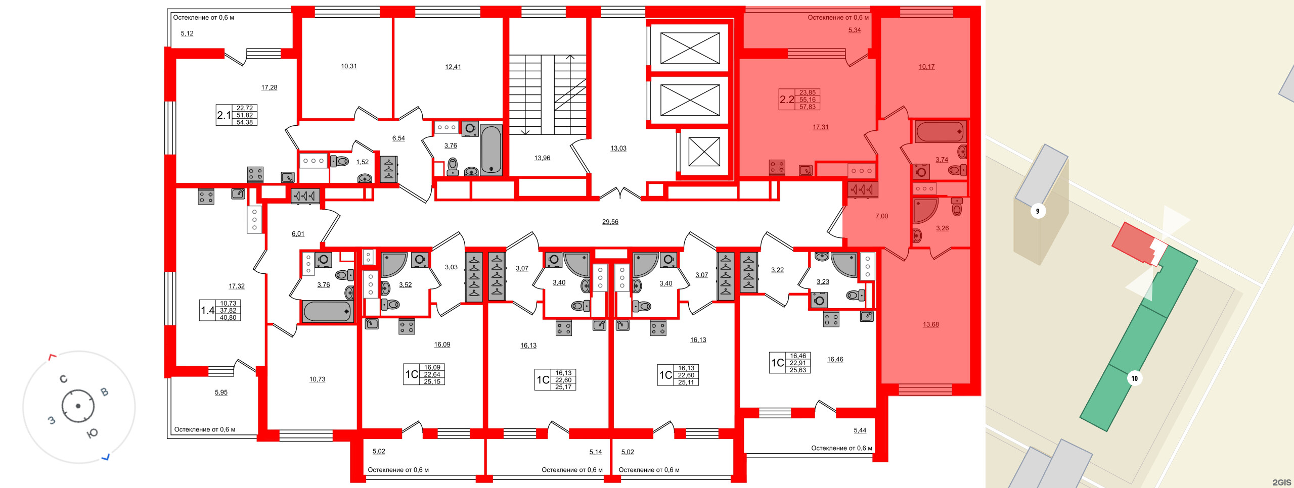 Квартира в ЖК «Город звёзд», 2 комнатная, 55.16 м², 4 этаж