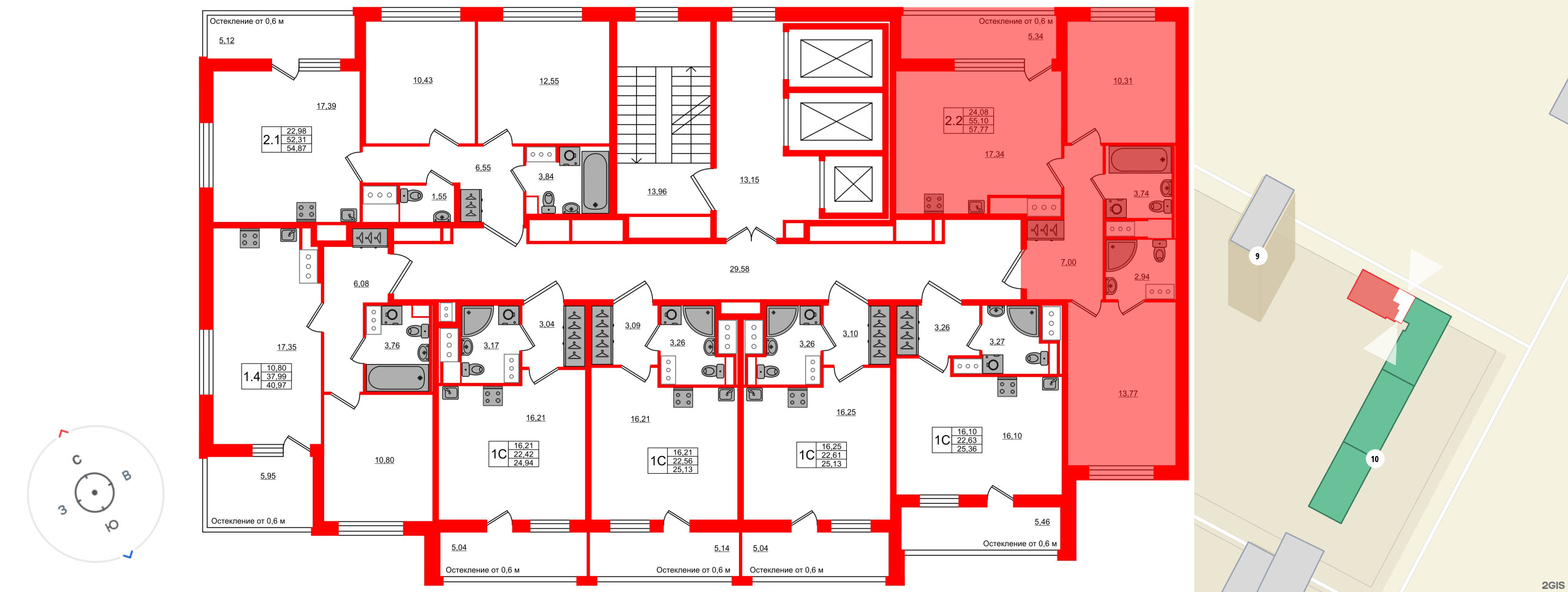 Квартира в ЖК «Город звёзд», 2 комнатная, 55.1 м², 20 этаж