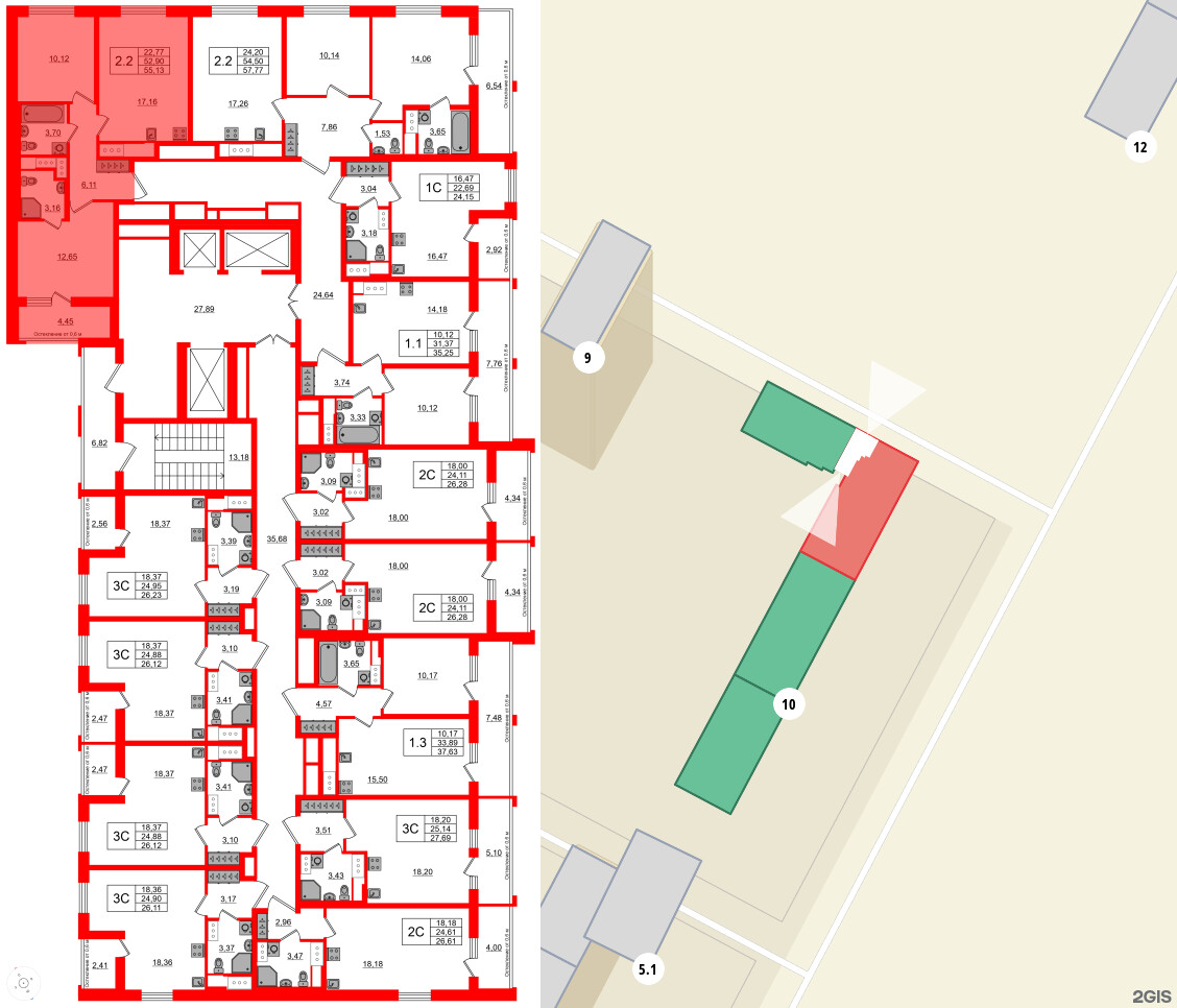 Квартира в ЖК «Город звёзд», 2 комнатная, 52.9 м², 22 этаж