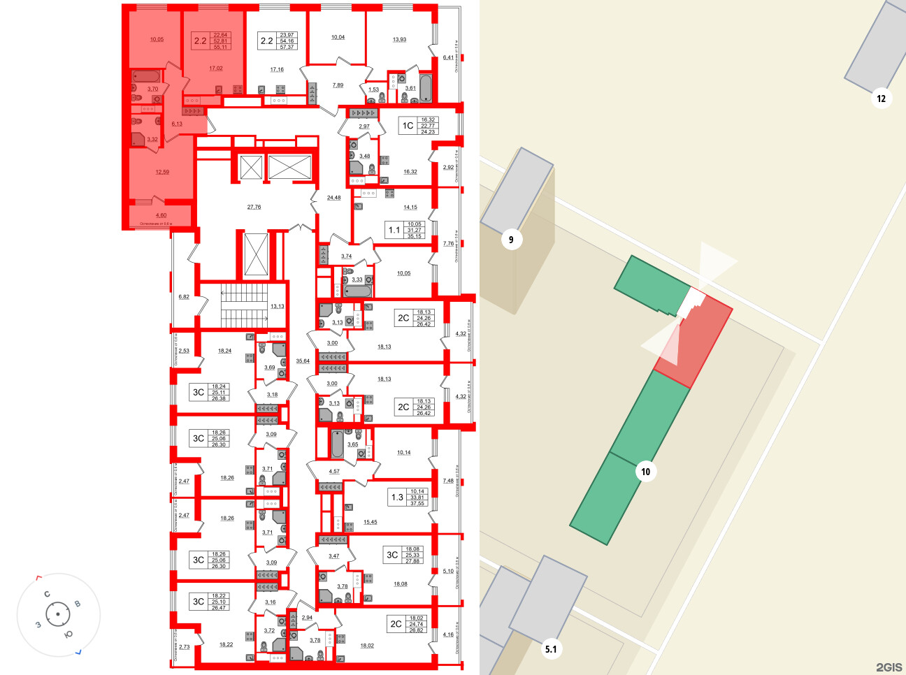 Квартира в ЖК «Город звёзд», 2 комнатная, 52.81 м², 3 этаж