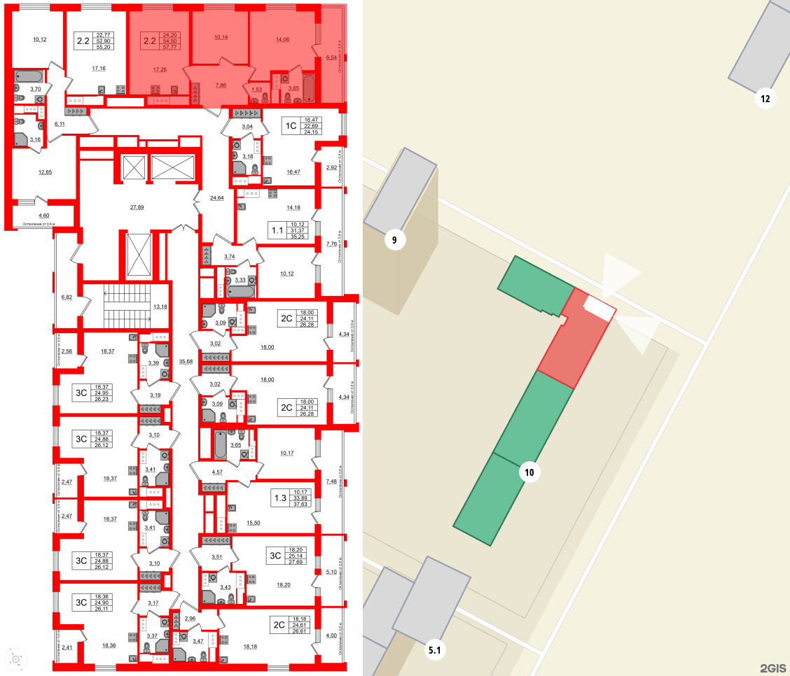Квартира в ЖК «Город звёзд», 2 комнатная, 54.5 м², 20 этаж