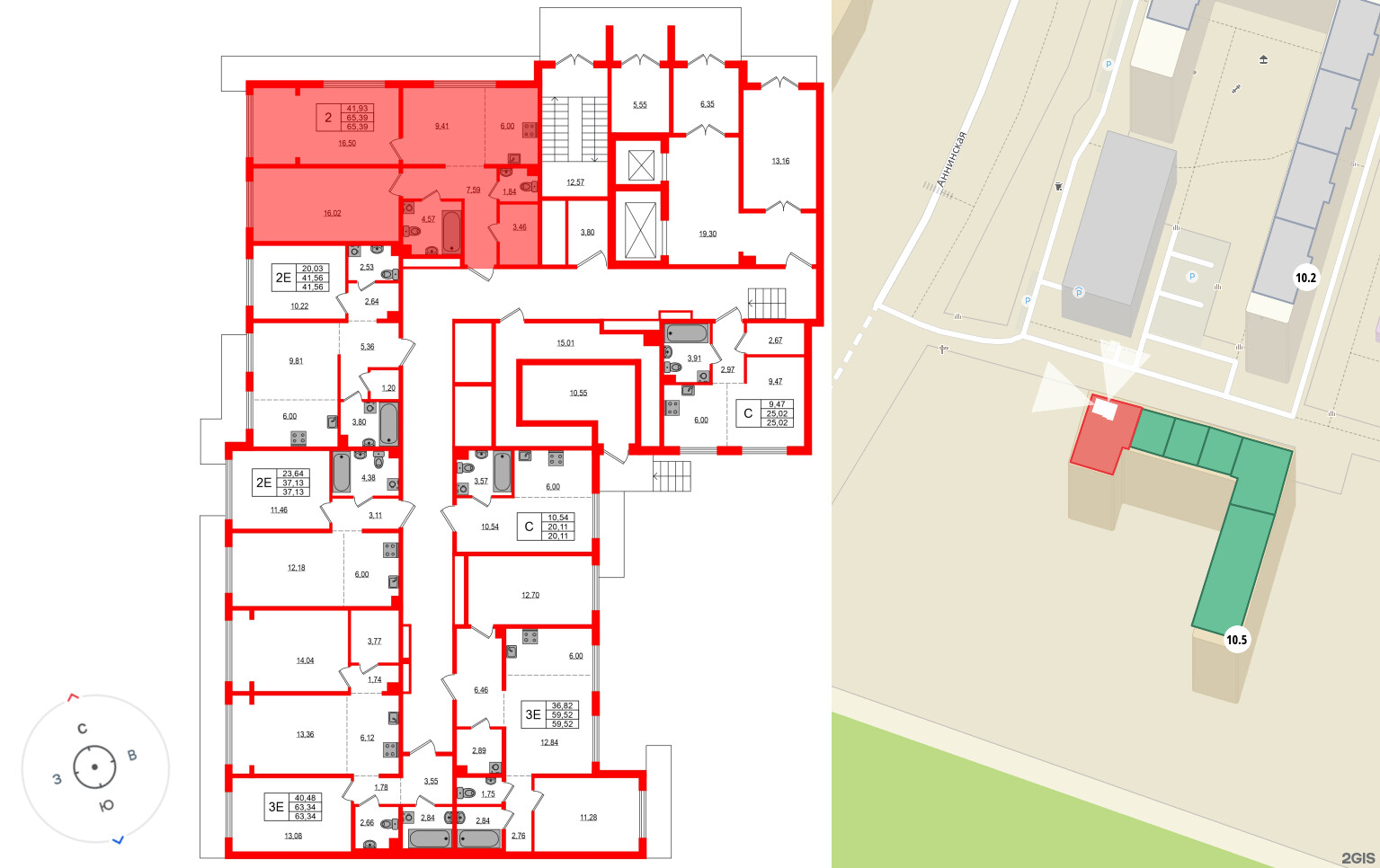 Квартира в ЖК «ЛесАрт», 2 комнатная, 65.39 м², 1 этаж