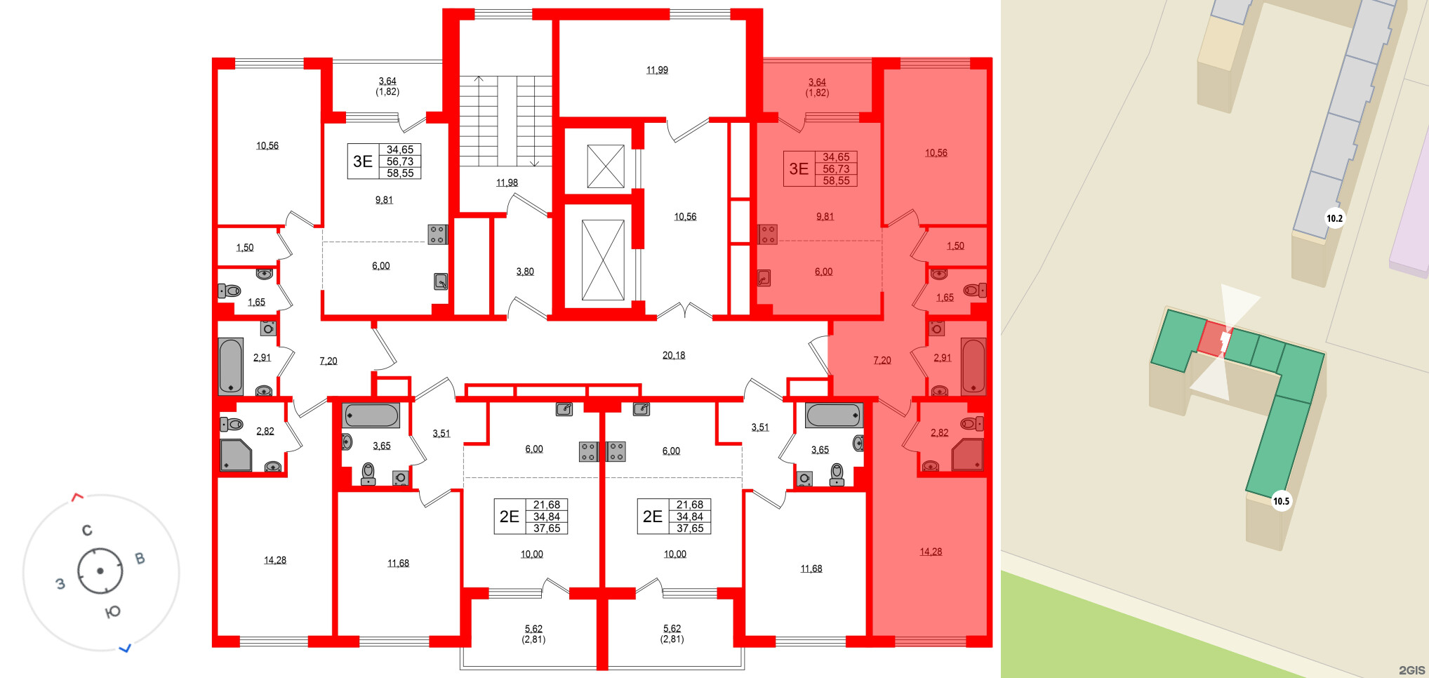 Квартира в ЖК «ЛесАрт», 2 комнатная, 58.55 м², 12 этаж
