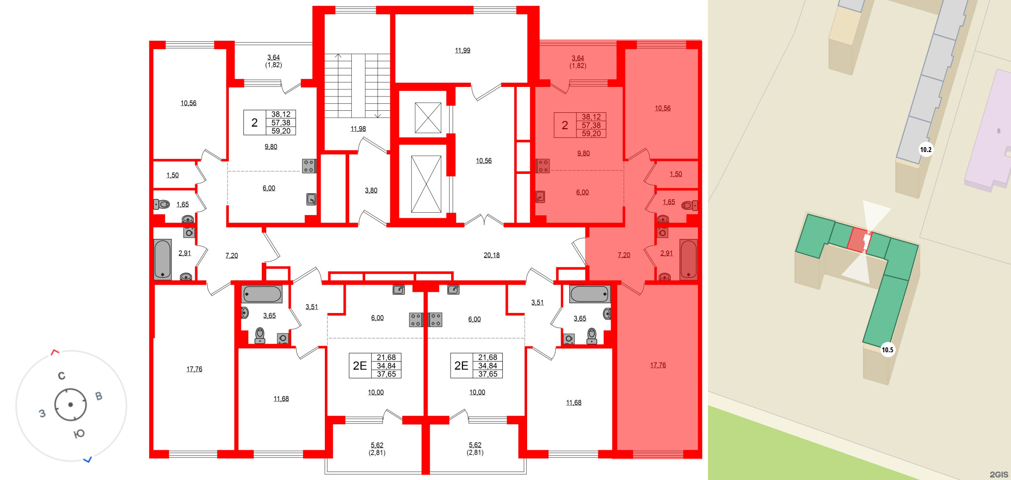 Квартира в ЖК «ЛесАрт», 2 комнатная, 59.2 м², 10 этаж