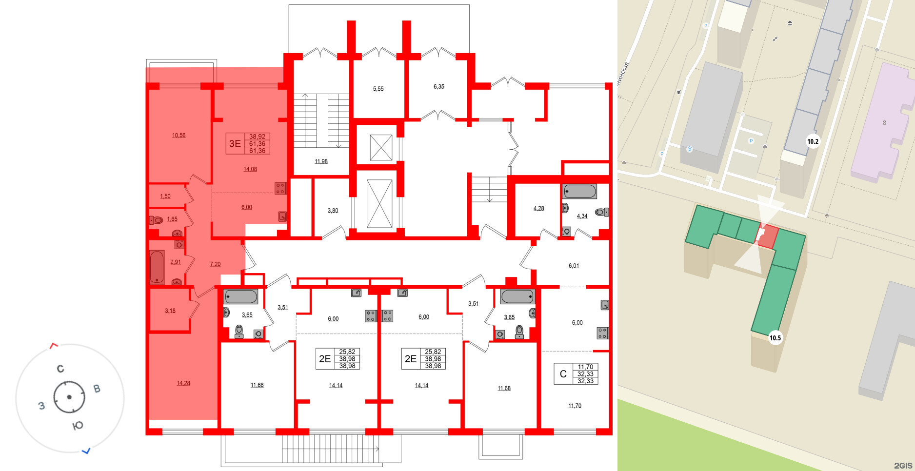 Квартира в ЖК «ЛесАрт», 2 комнатная, 61.36 м², 1 этаж