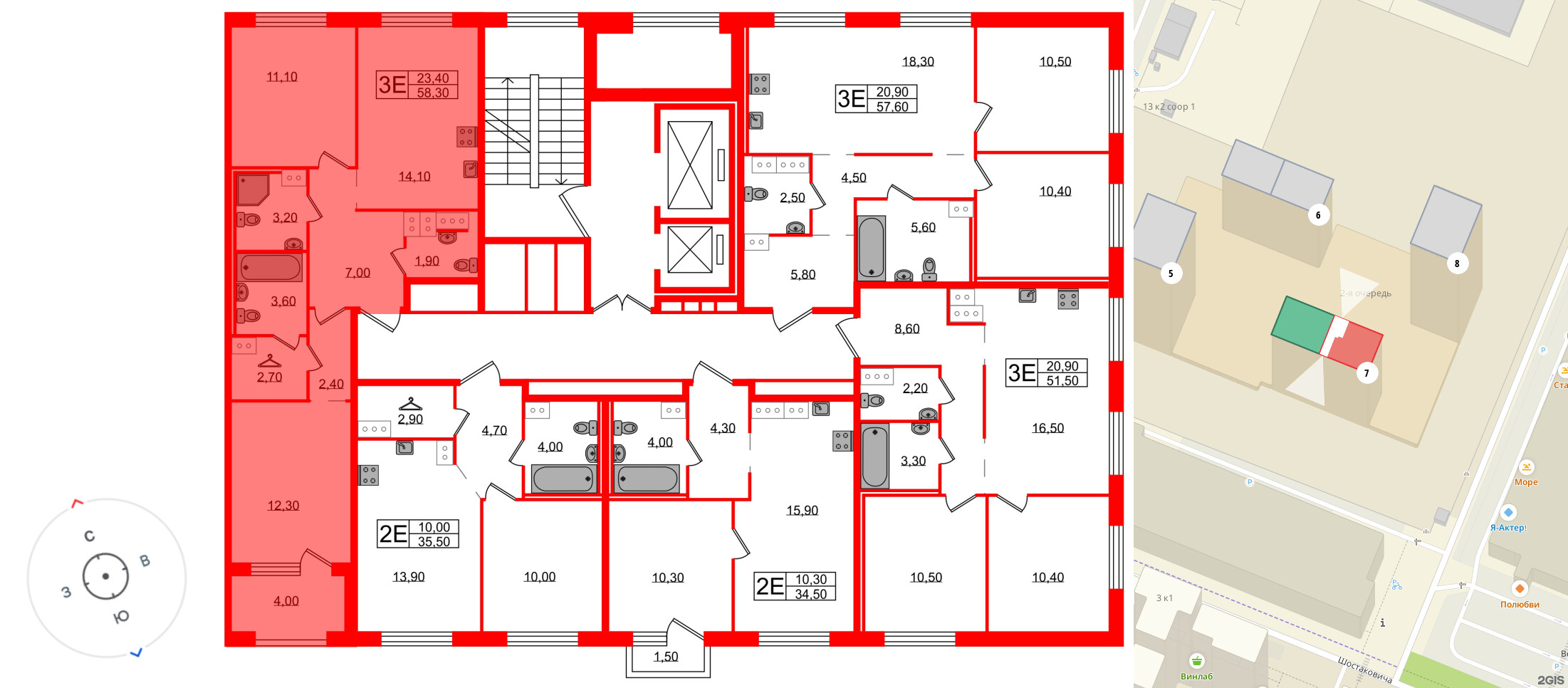 Квартира в ЖК Струны, 2 комнатная, 58.3 м², 10 этаж
