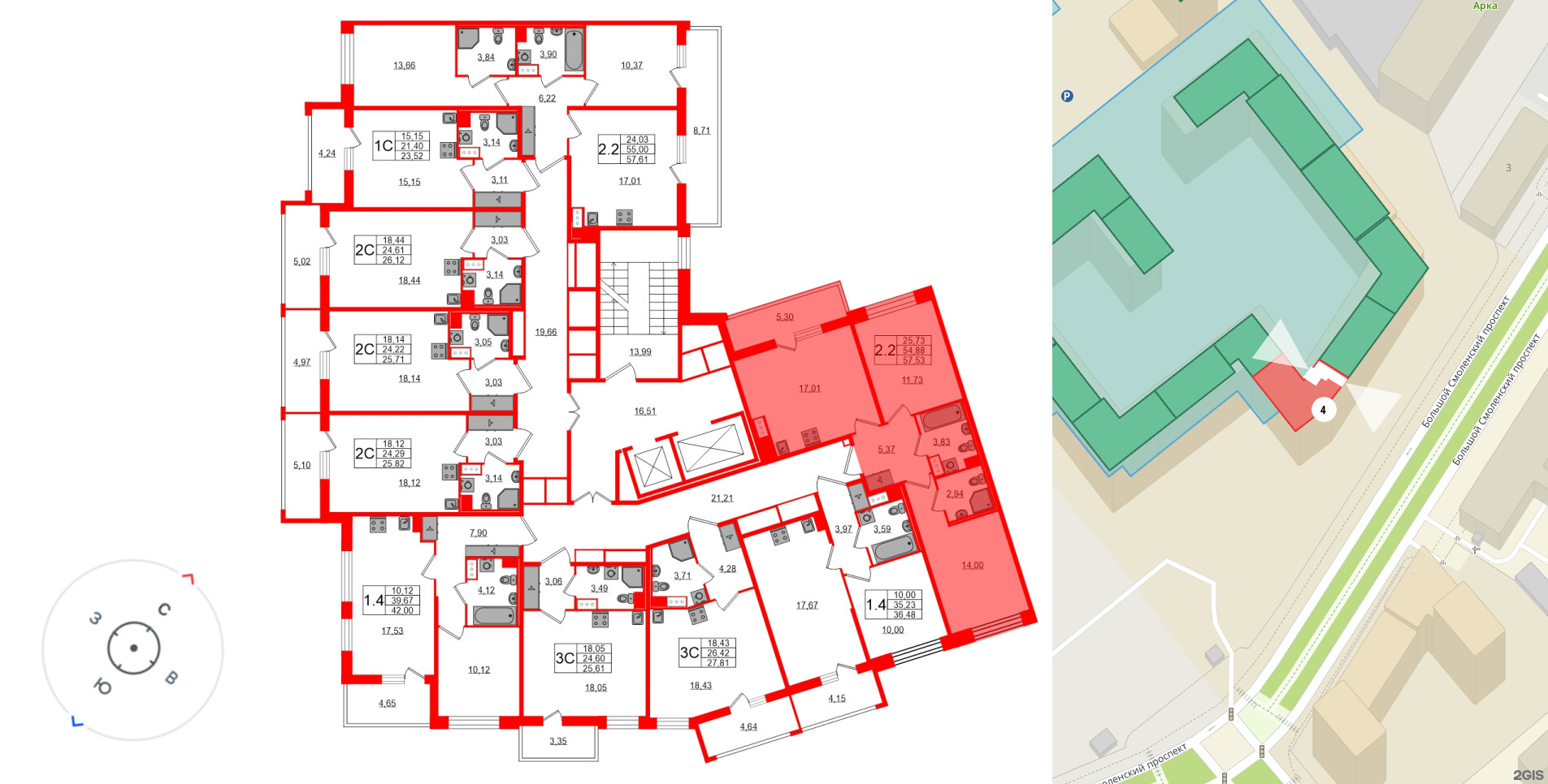 Квартира в ЖК Астра Континенталь, 2 комнатная, 54.88 м², 10 этаж