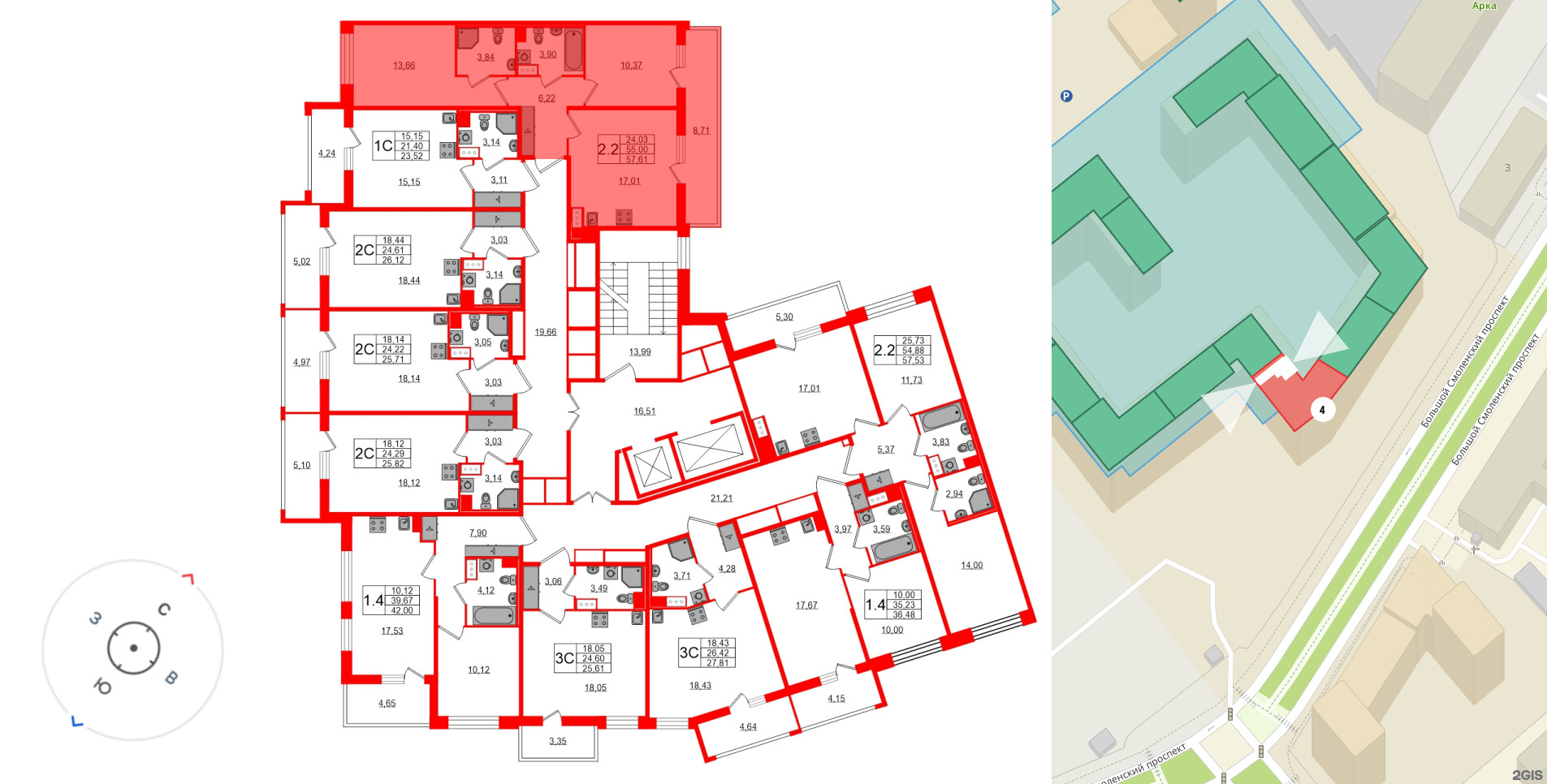 Квартира в ЖК Астра Континенталь, 2 комнатная, 55 м², 10 этаж