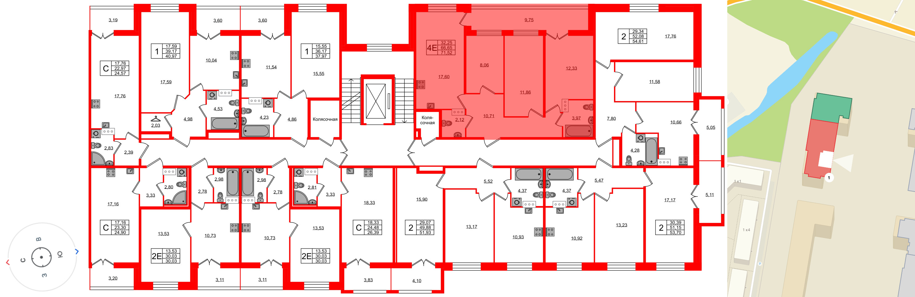 Квартира в ЖК «Рождественский квартал», 3 комнатная, 71.52 м², 4 этаж