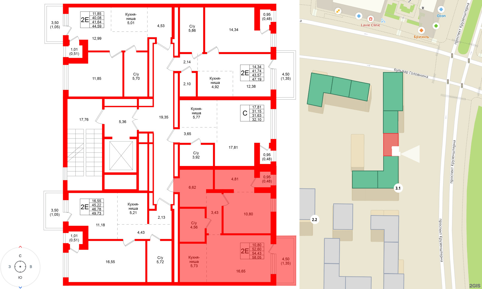 Квартира в ЖК Северный ветер, 1 комнатная, 58.05 м², 6 этаж
