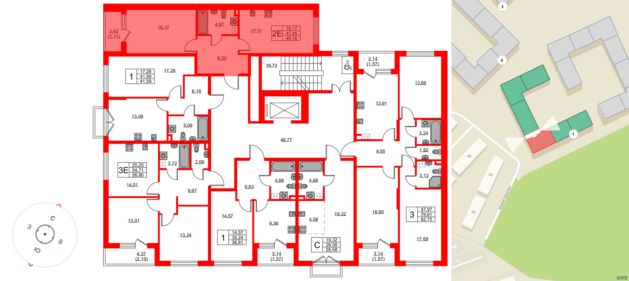 Квартира в ЖК «Охтинские высоты», 1 комнатная, 49.16 м², 2 этаж