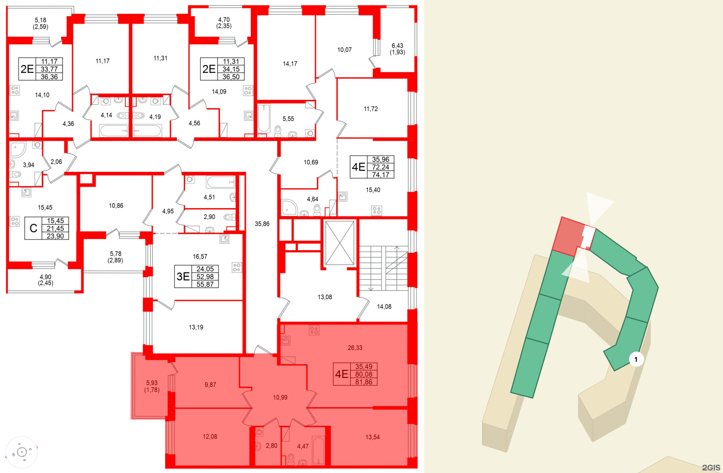 Квартира в ЖК «Аквилон RekaPark», 3 комнатная, 81.86 м², 8 этаж
